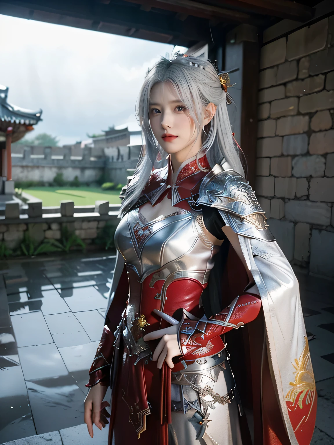 Female general of ancient China,domineering side leak,详细的脸,Aristocratic temperament,Elegant and dignified and beautiful,The gaze is firm and focused,Full breasts,White color hair,Wearing armor,Holding a precious sword,((The background is the ruins of a trench)),(((nigth))),Background bokeh,high high quality,illustrious,RAW photos