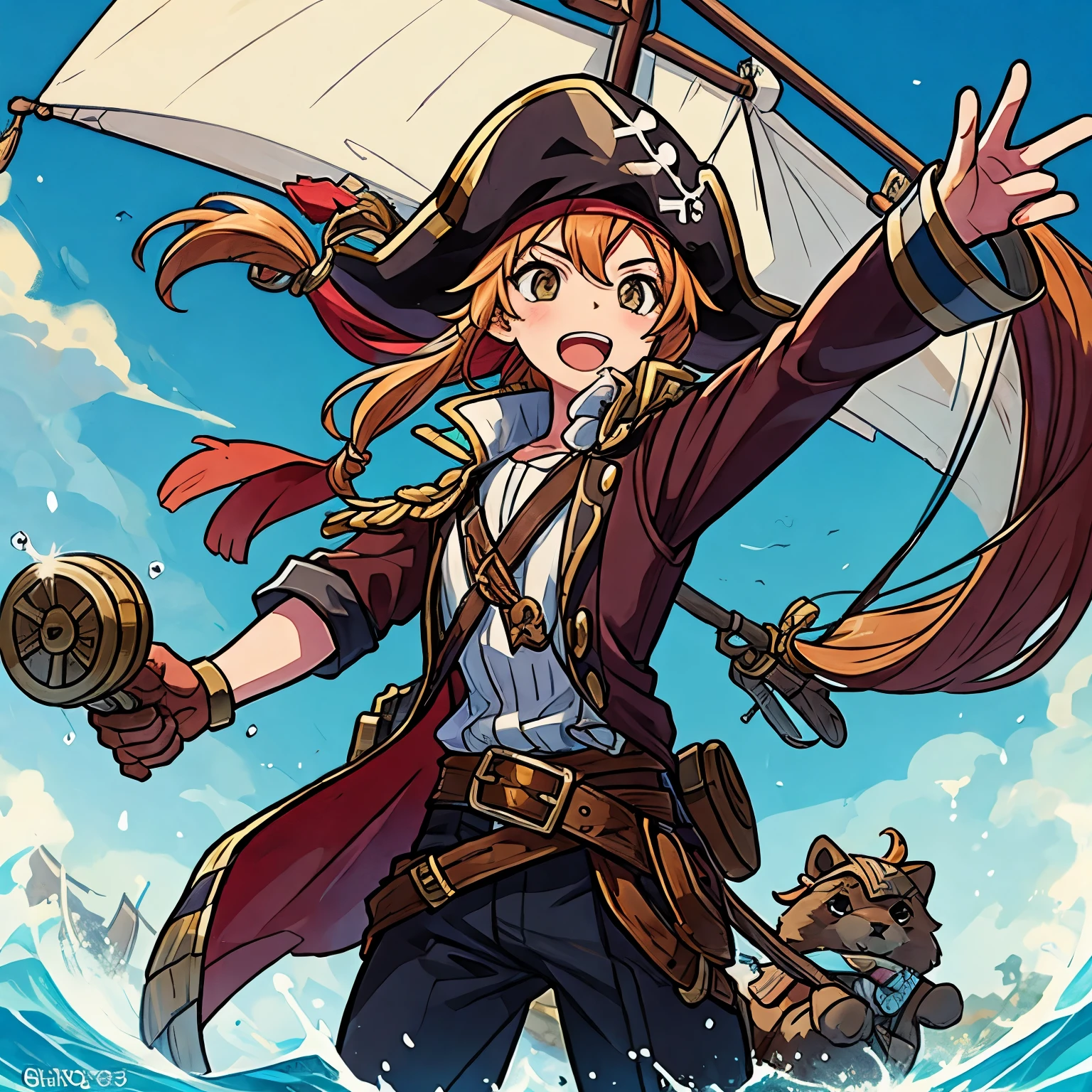 Chubby pirate ship captain, com dreads com sorriso contagiante.