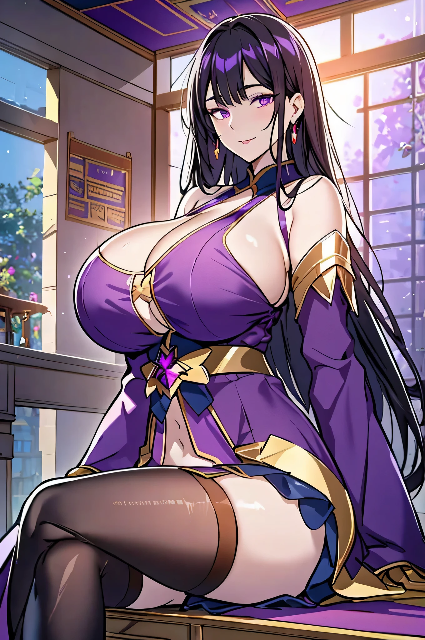 Lian, long black hair, hair stick, bangs, violet eyes, solo, smiling, standing, upper body, hips, bare shoulders,purple thighhighs,violet dress, gold jewelry,armor,gloves,circlet, cleavage, red and gold royal castle, gigantic breasts, (best quality, masterpiece, beautiful and aesthetic:1.2, highest detailed face, perfect face,)  eyes, perfect face,expressive eyes,
looking at viewer, in the center of the image,(Upper_body),(Focus on her face),
official art,extremely detailed CG unity 8k wallpaper, perfect lighting,Colorful, Bright_Front_face_Lighting,shiny skin, 
(masterpiece:1.0),(best_quality:1.0), ultra high res,4K,ultra-detailed
