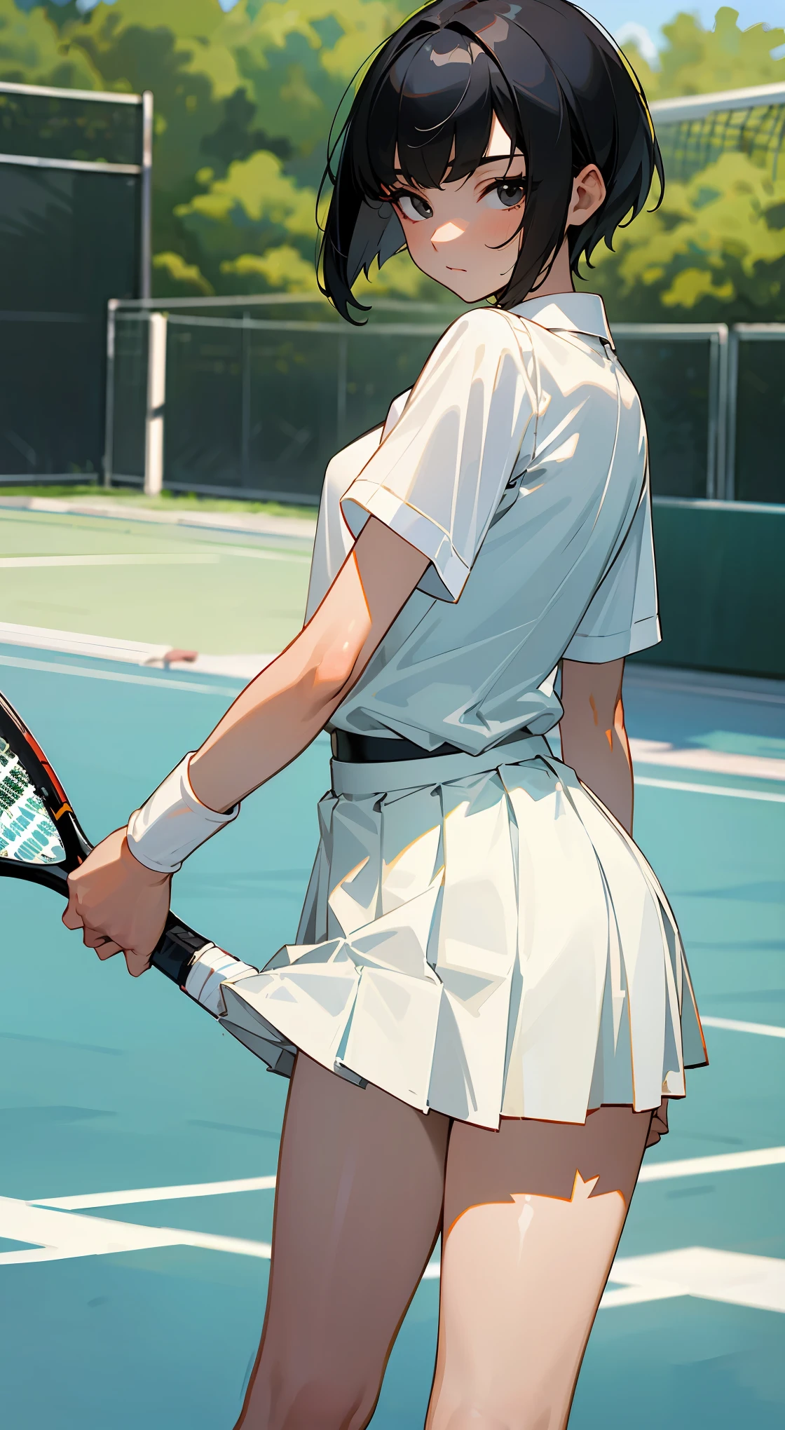 Anime girl distracted while playing tennis not noticing the wind uplifted her skirt and is displaying her butt-cheeks and thigh panties