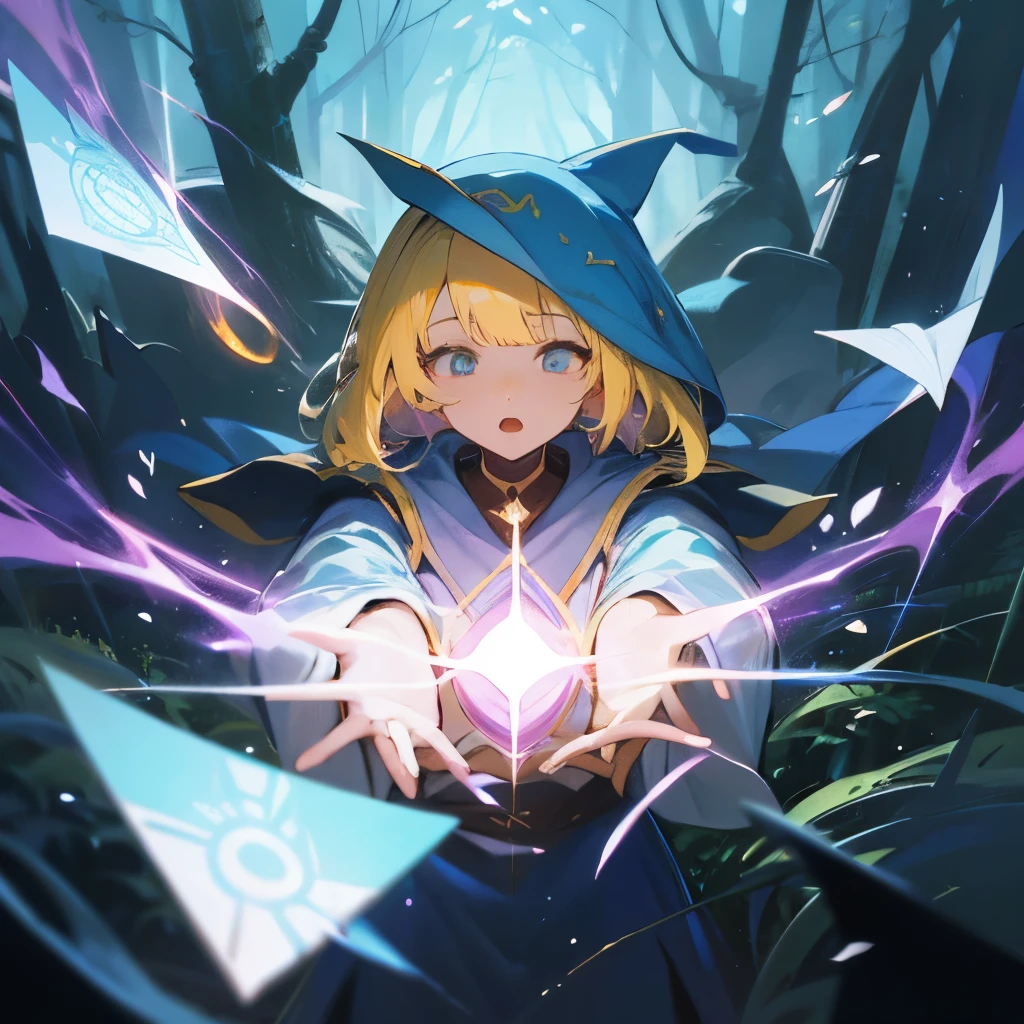 8K, highest quality, masterpiece, super detailed、pastel color wizard beauty、Uplifting movement、Uplifting、pastel yellow hair、wizard、Holding up a wizard's wand、Wearing pastel colored wizard robes、Chanting magic、Rubik's Square、The wind is blowing
、in the deep forest、fantastic world feeling