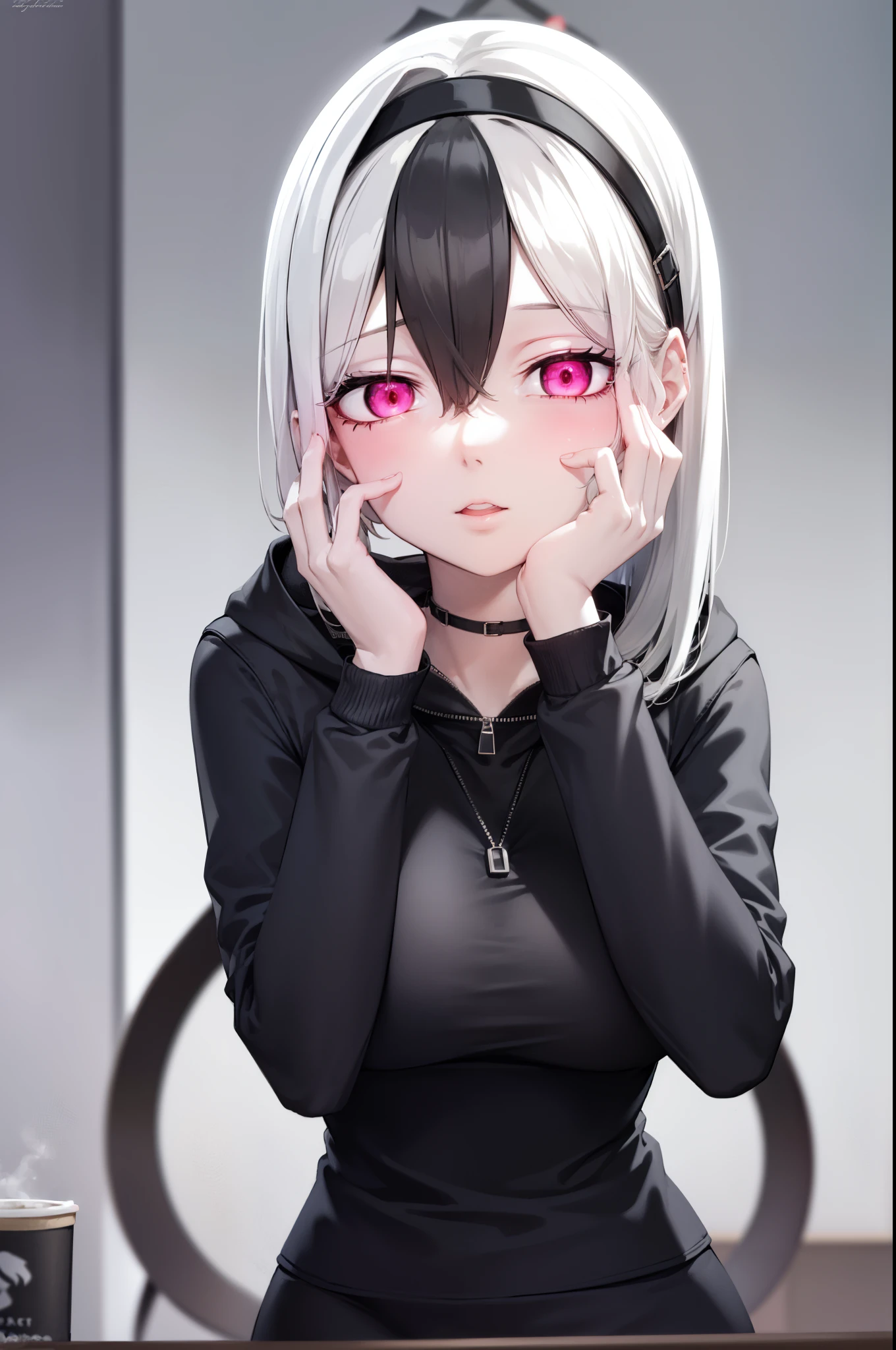 ((best quality)), ((highly detailed)), masterpiece, absurdres, (white hair with black bang),(detailed eyes, deep red eyes), (1girl), yandere trance, yandere, hands on own face, hands on own cheeks, shaded face, ((glowing eyes)), (upper body), hexmaniacms, ((@.@)), bags under eyes, ahoge, headband, black hair, pale skin, big breasts, , black clothes, (at a cafe, coffee, noon),
BREAK black hoodie, choker, hood, hoodie, pleated skirt, skirt, red skirt,
BREAK (masterpiece:1.2), best quality, high resolution, unity 8k wallpaper, (illustration:0.8), (beautiful detailed eyes:1.6), extremely detailed face, perfect lighting, extremely detailed CG, (perfect hands, perfect anatomy),