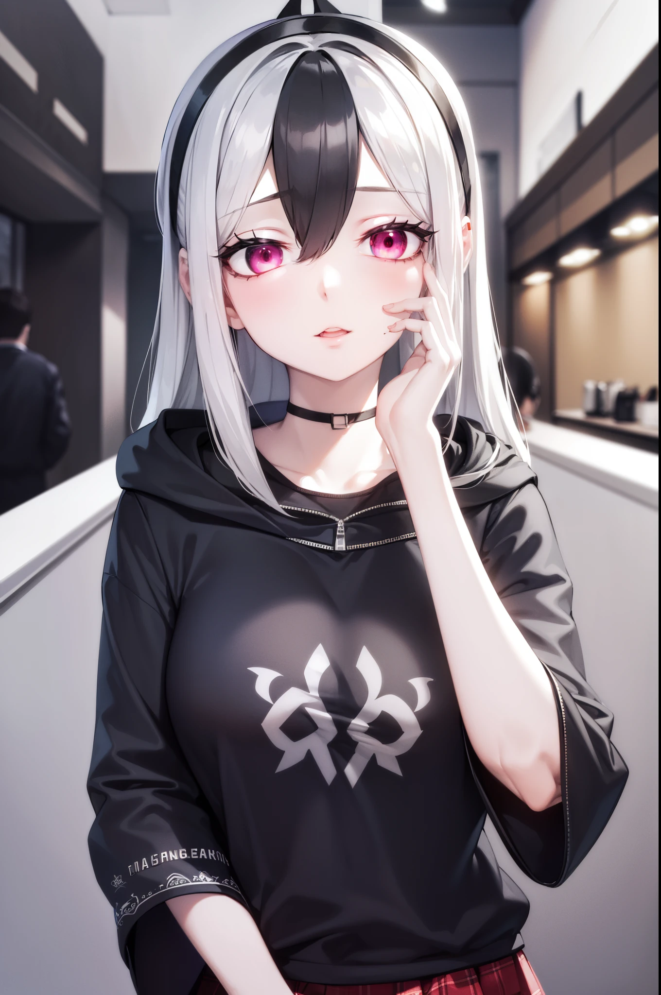 ((best quality)), ((highly detailed)), masterpiece, absurdres, (white hair with black bang),(detailed eyes, deep red eyes), (1girl), yandere trance, yandere, hands on own face, hands on own cheeks, shaded face, ((glowing eyes)), (upper body), hexmaniacms, ((@.@)), bags under eyes, ahoge, headband, black hair, pale skin, big breasts, , black clothes, (at a cafe, coffee, noon),
BREAK black hoodie, choker, hood, hoodie, pleated skirt, skirt, red skirt,
BREAK (masterpiece:1.2), best quality, high resolution, unity 8k wallpaper, (illustration:0.8), (beautiful detailed eyes:1.6), extremely detailed face, perfect lighting, extremely detailed CG, (perfect hands, perfect anatomy),