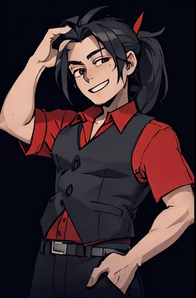 2D, Masterpiece, Best quality, Very detailed eyes, very detailed face, cowboy shot, feet behind the frame, 1 guy, One, standing, Black background, red background, Red shirt, Black pants, Black buttoned vest, black hair, long hair, hair pulled back into a ponytail, black bear ears, bright red eyes, I look at the viewer, smile, open mouth, hand on own face, Right on
