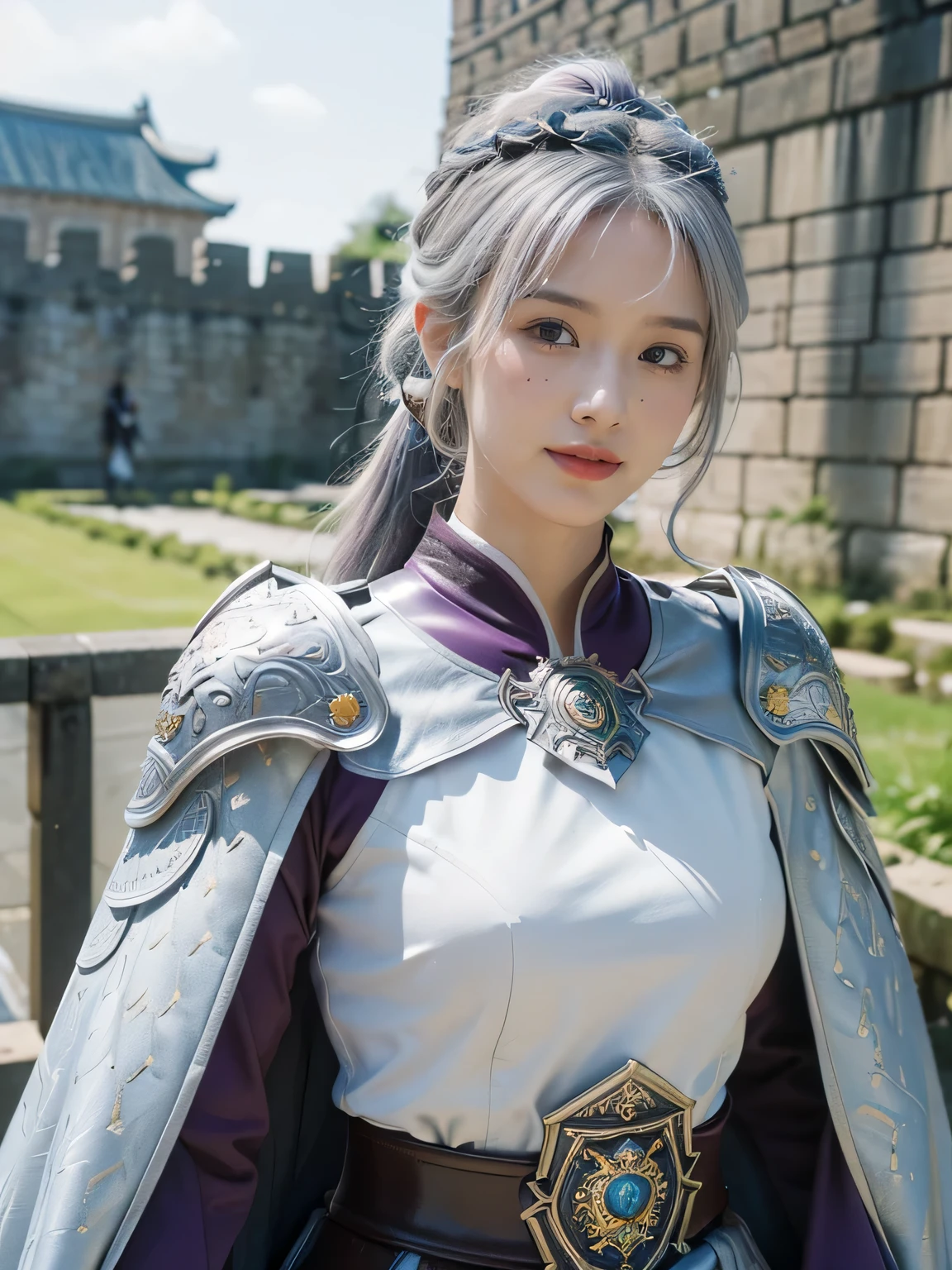 masterpiece,Best quality,A high resolution,8K,Original photo,real photo,Ancient city wall battlefield background,((field:1.8)),digital photography,(Female generals on the battlefield in the Han Dynasty),(((Stand on the city wall))),18-year-old girl,(long ponytail hairstyle),cparted lips,Full and erect breasts,Noble and charming,Elegant and serious,(Thick silver fish scale armor),Purple cape,((Hair tied high,white hair)),The combination of white metal and red leather,Chest covered with gold armor,metallic luster,Leather buckle,Exquisite pattern,mysterious badge,Cool and gorgeouig breasts)),Chest groove,Three Kingdoms character painting style,Photo pose,oc render reflection texture,gloomy weather,charming smile,Head-up shot,