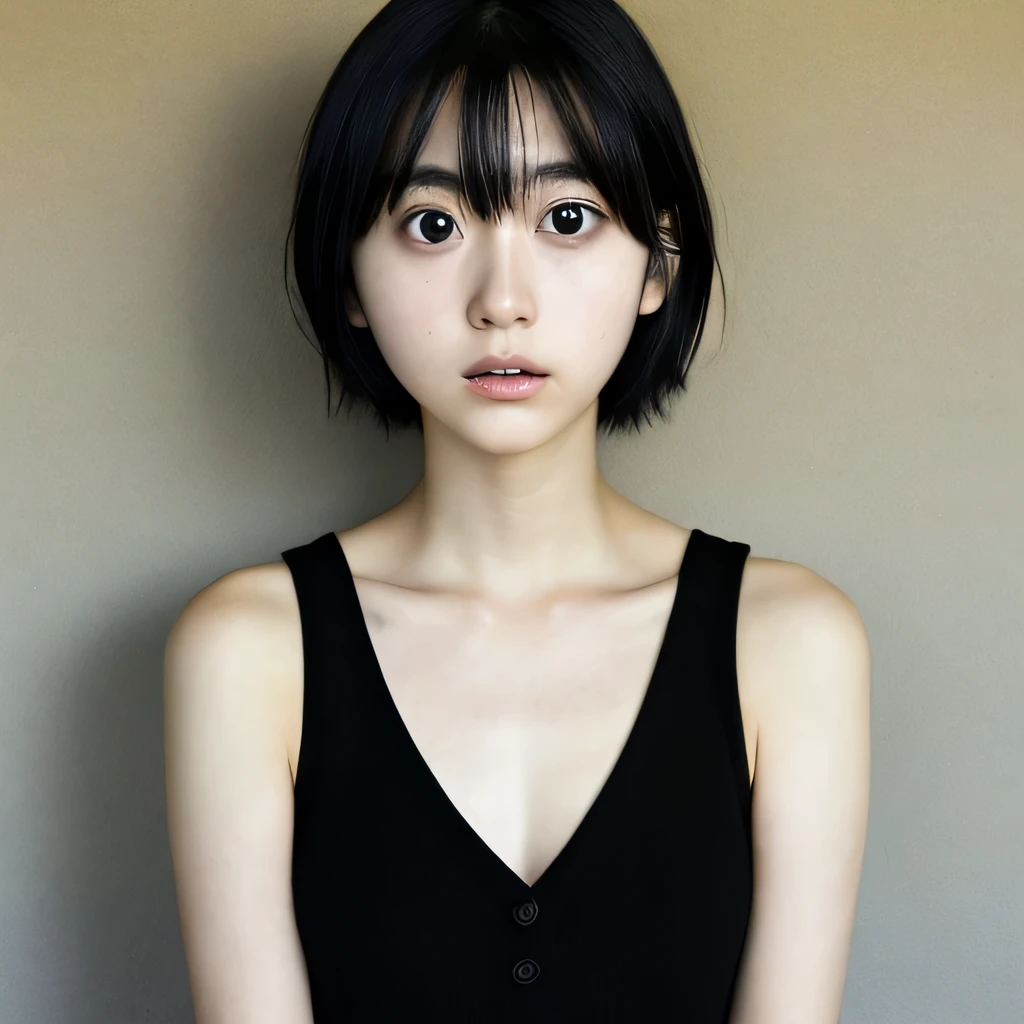1 Japanese female, one-shot, Big eyes, big black eyes, double, shortcut, Emphasis on the clavicle, black hair, no makeup, young white skin, broad shoulders, 12 years old