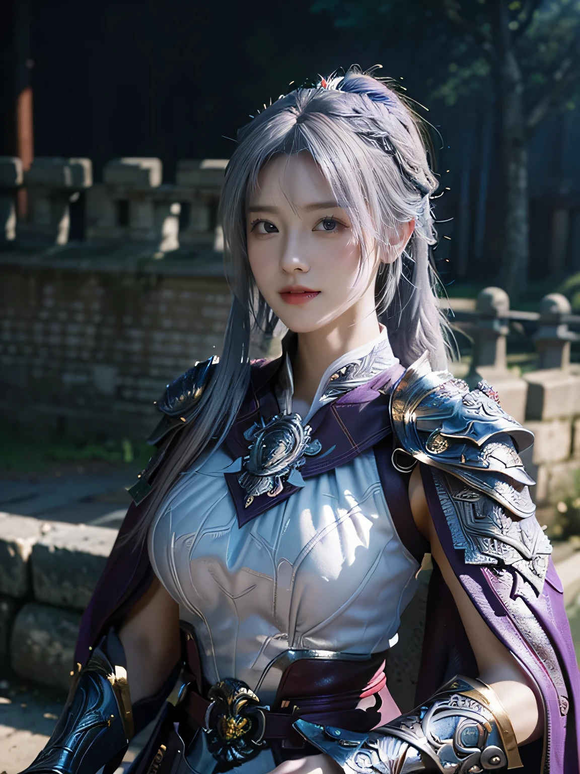 masterpiece，Best quality，A high resolution，8K，Original photo，real photo，Ancient city wall battlefield background,((field：1.8))，digital photography，(Female generals on the battlefield in the Han Dynasty)，(((Beside the battlements of the city wall)))，18-year-old girl，（long ponytail hairstyle)，cparted lips，Full and erect breasts，Noble and charming，Elegant and serious，(Thick silver fish scale armor），Purple cape，((Hair tied high，white hair))，The combination of white metal and red leather，Chest covered with gold armor，metallic luster，Leather buckle，Exquisite pattern，mysterious badge，Cool and gorgeouig breasts))，Chest groove，Three Kingdoms character painting style，Photo pose，oc render reflection texture，gloomy weather，charming smile，Head-up shot，