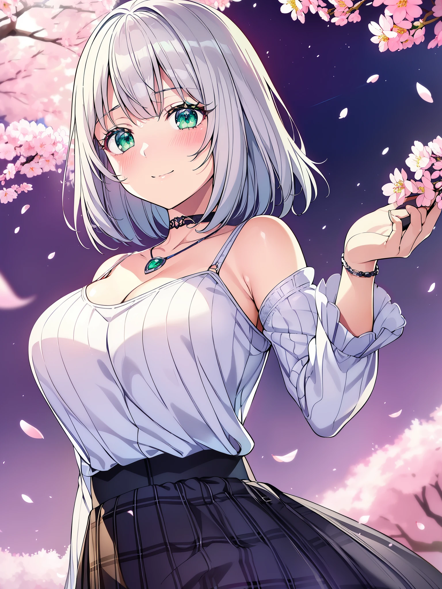 ((muste piece、highest quality、High resolution、nffsw、Perfect Pixel、Depth of the bounds written、4K、nffsw、nffsw)))、1 girl、single、solo、beautiful anime girl、beautiful art style、anime character、((short hair) 、bangs、silver hair))、((green eyes:1.4、round eyes、beautiful eyelashes、realistic eyes))、((detailed face、blush:1.2))、((smooth texture:0.75、realistic texture:0.65、Photoreal) :1.1、Anime CG style))、((medium breasts、valley:1.1、big breasts))、dynamic angle、perfect body、((POV、dynamic pose、Portrait))、((white sweater、long sleeve、black skirt、plaid skirt、fashionable、1 handbag、one diamond necklace、bra appearance value:0.95))、smile、open your mouth、amusement park、((Cherry tree、cherry blossoms fall))