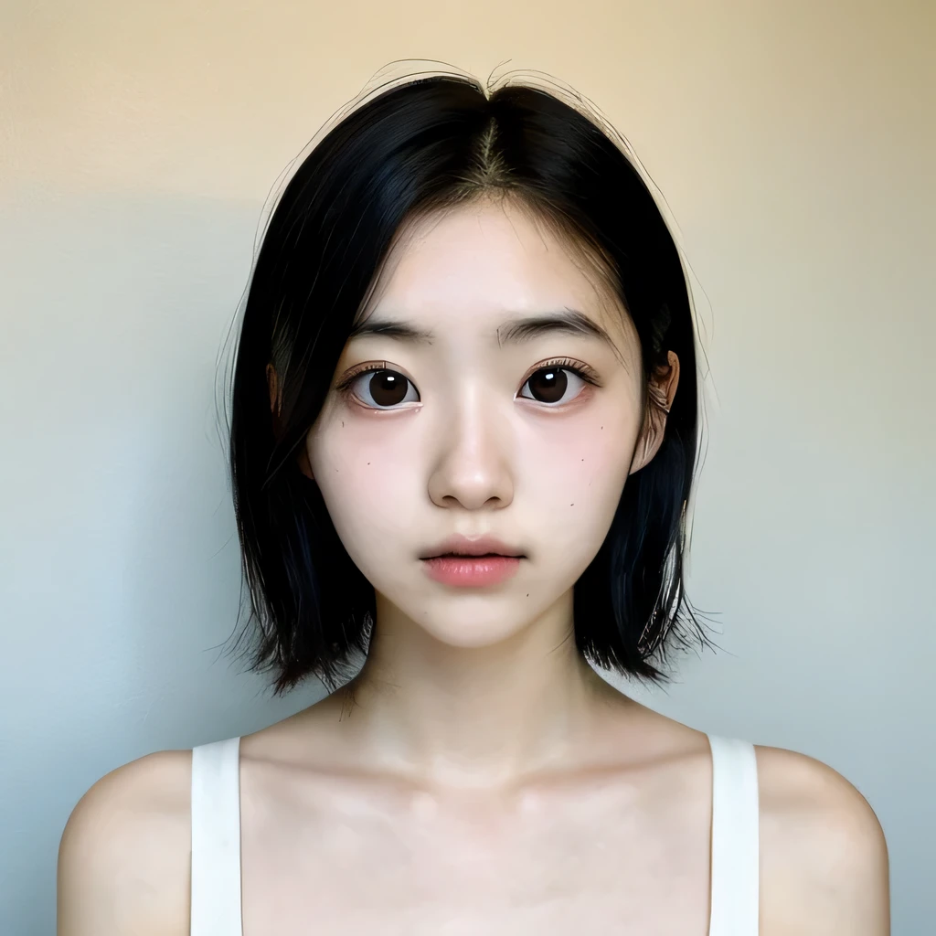 1 Japanese female, one-shot, Big eyes, big black eyes, double, shortcut, Emphasis on the clavicle, black hair, no makeup, young white skin, broad shoulders, 12 years old