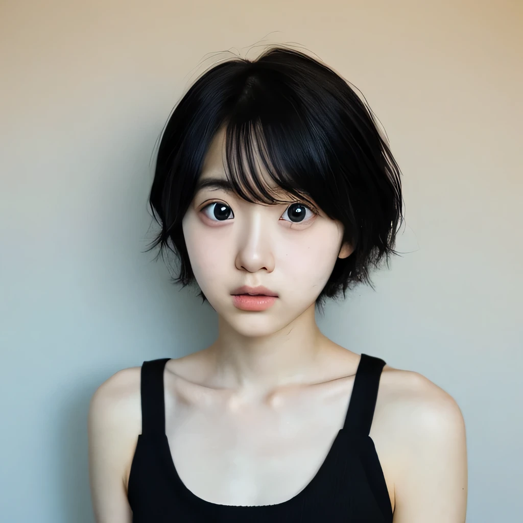 1 Japanese female, one-shot, Big eyes, big black eyes, double, shortcut, Emphasis on the clavicle, black hair, no makeup, young white skin, broad shoulders, 