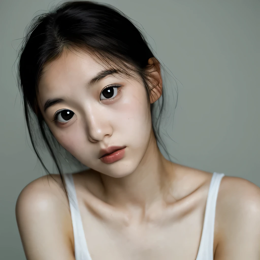 1 Japanese female, one-shot, Big eyes, big black eyes, double, shortcut, Emphasis on the clavicle, black hair, no makeup, young white skin, broad shoulders, 12 years old