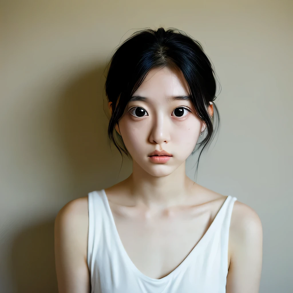 1 Japanese female, one-shot, Big eyes, big black eyes, double, shortcut, Emphasis on the clavicle, black hair, no makeup, young white skin, broad shoulders, ************