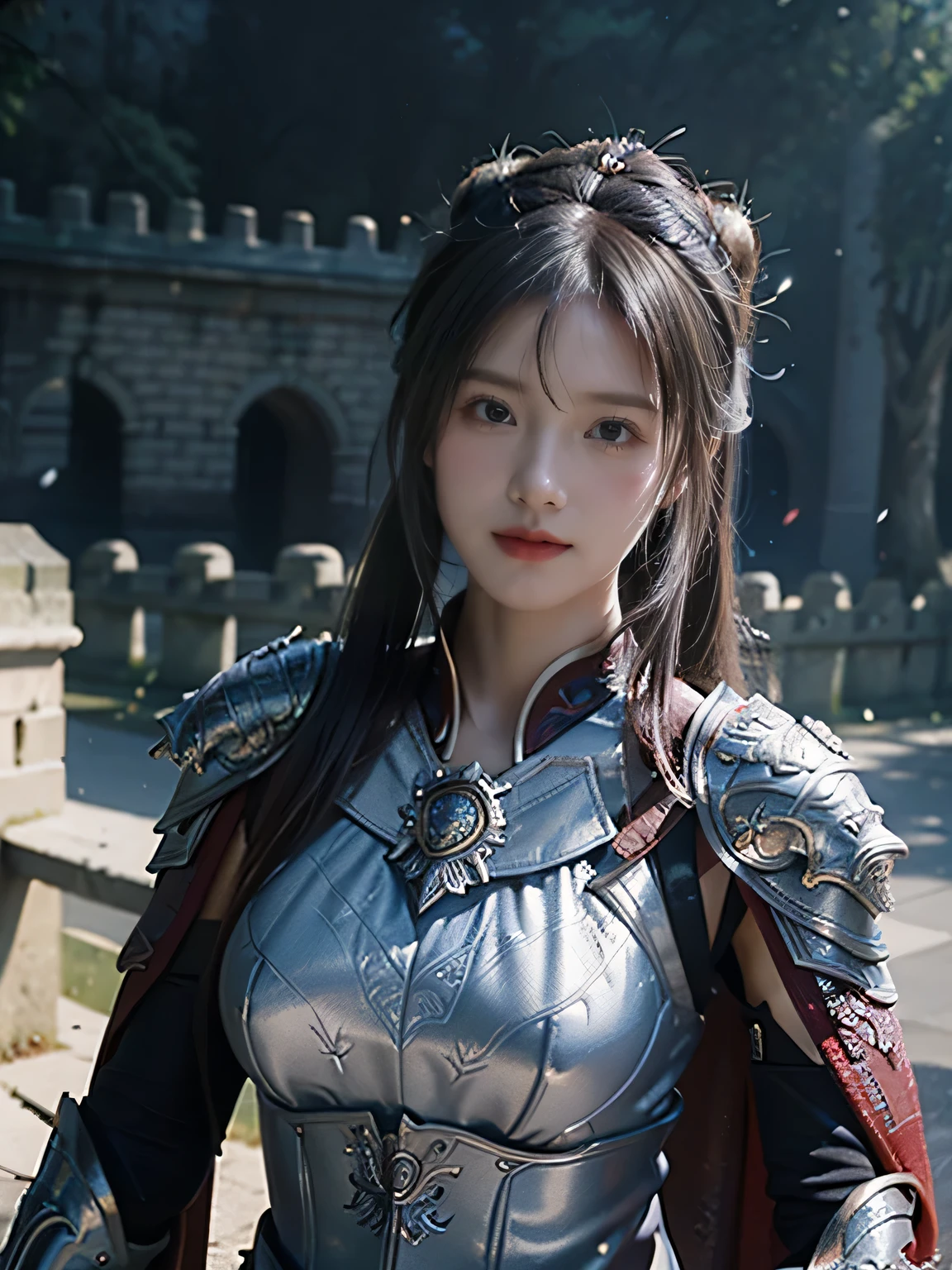 masterpiece，Best quality，A high resolution，8K，Original photo，real photo，Ancient city wall battlefield background,((field：1.8))，digital photography，(Female generals on the battlefield in the Han Dynasty)，(((Beside the battlements of the city wall)))，18-year-old girl，（long ponytail hairstyle)，cparted lips，Full and erect breasts，Noble and charming，Elegant and serious，(Thick silver fish scale armor），Purple cape，((high buns))，The combination of white metal and red leather，Chest covered with gold armor，metallic luster，Leather buckle，Exquisite pattern，mysterious badge，Cool and gorgeouig breasts))，Chest groove，Three Kingdoms character painting style，Photo pose，oc render reflection texture，gloomy weather，charming smile，Head-up shot，