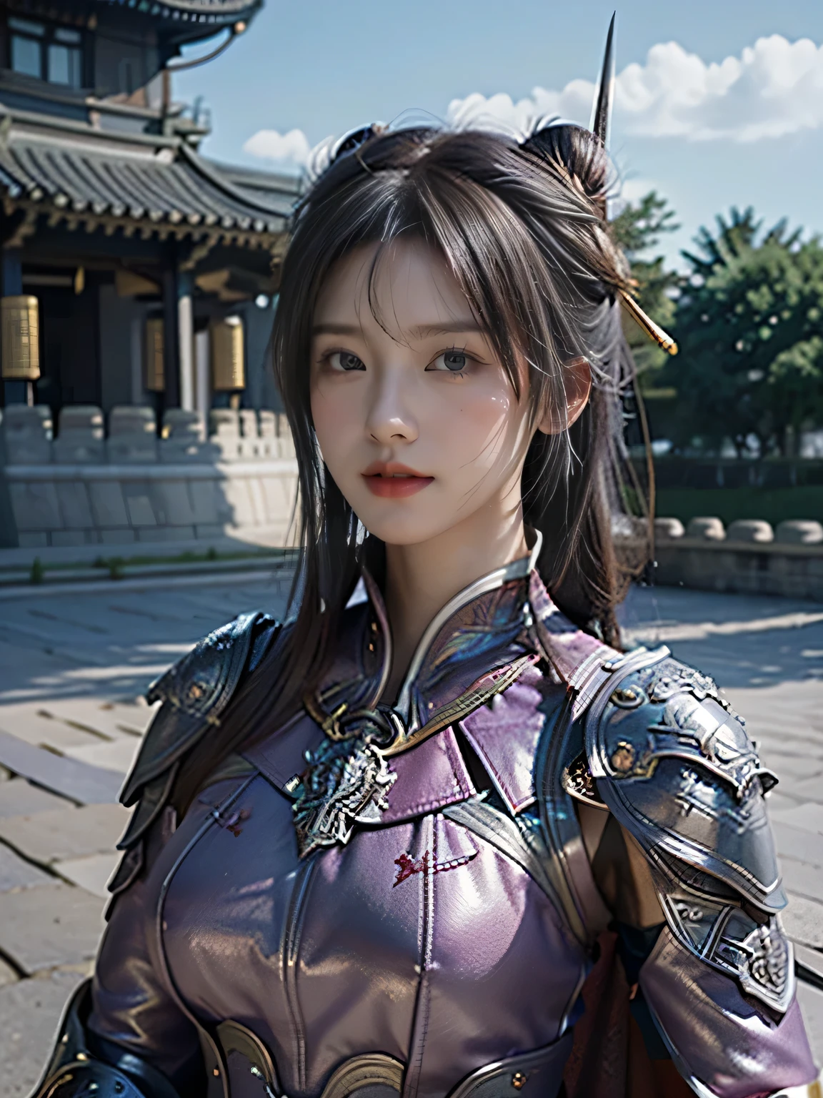 masterpiece,Best quality,A high resolution,8K,Original photo,real photo,Ancient city wall battlefield background,((field:1.8)),digital photography,(Female generals on the battlefield in the Han Dynasty),(((Beside the battlements of the city wall))),18-year-old girl,(long ponytail hairstyle),cparted lips,Full and erect breasts,Noble and charming,Elegant and serious,(Thick silver fish scale armor),Purple cape,((high buns)),The combination of white metal and red leather,Chest covered with gold armor,metallic luster,Leather buckle,Exquisite pattern,mysterious badge,Cool and gorgeouig breasts)),Chest groove,Three Kingdoms character painting style,Photo pose,oc render reflection texture,gloomy weather,charming smile,Head-up shot,