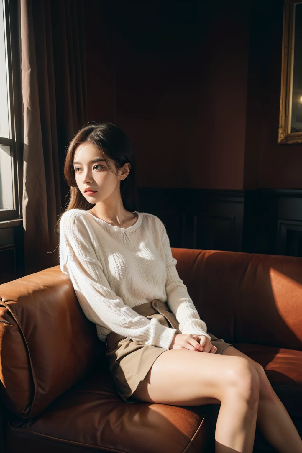 1girll,Sit on a comfortable sofa,Cross ed leg,Soft light