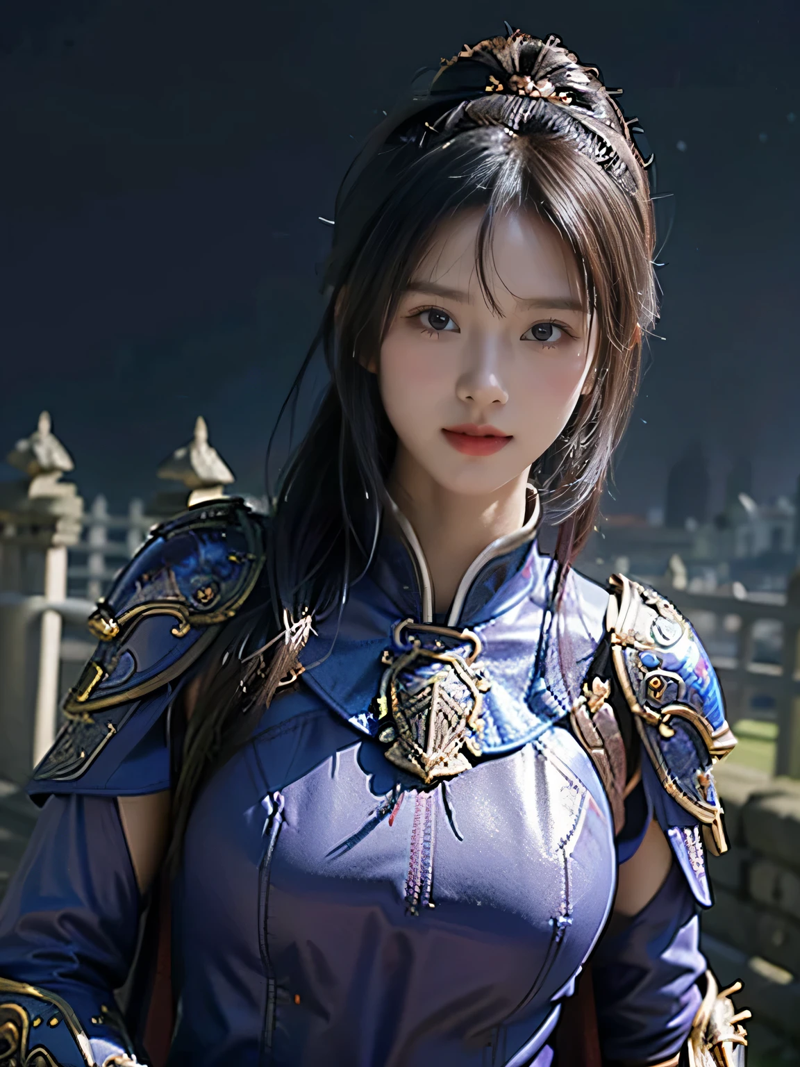 masterpiece,Best quality,A high resolution,8K,Original photo,real photo,Ancient city wall battlefield background,((field:1.8)),digital photography,(Female generals on the battlefield in the Han Dynasty),(((Beside the battlements of the city wall))),18-year-old girl,(long ponytail hairstyle),cparted lips,Full and erect breasts,Noble and charming,Elegant and serious,(Thick blue fish scale armor),Purple cape,((high buns)),The combination of white metal and red leather,Chest covered with gold armor,metallic luster,Leather buckle,Exquisite pattern,mysterious badge,Cool and gorgeouig breasts)),Chest groove,Three Kingdoms character painting style,Photo pose,oc render reflection texture,gloomy weather,charming smile,Head-up shot,