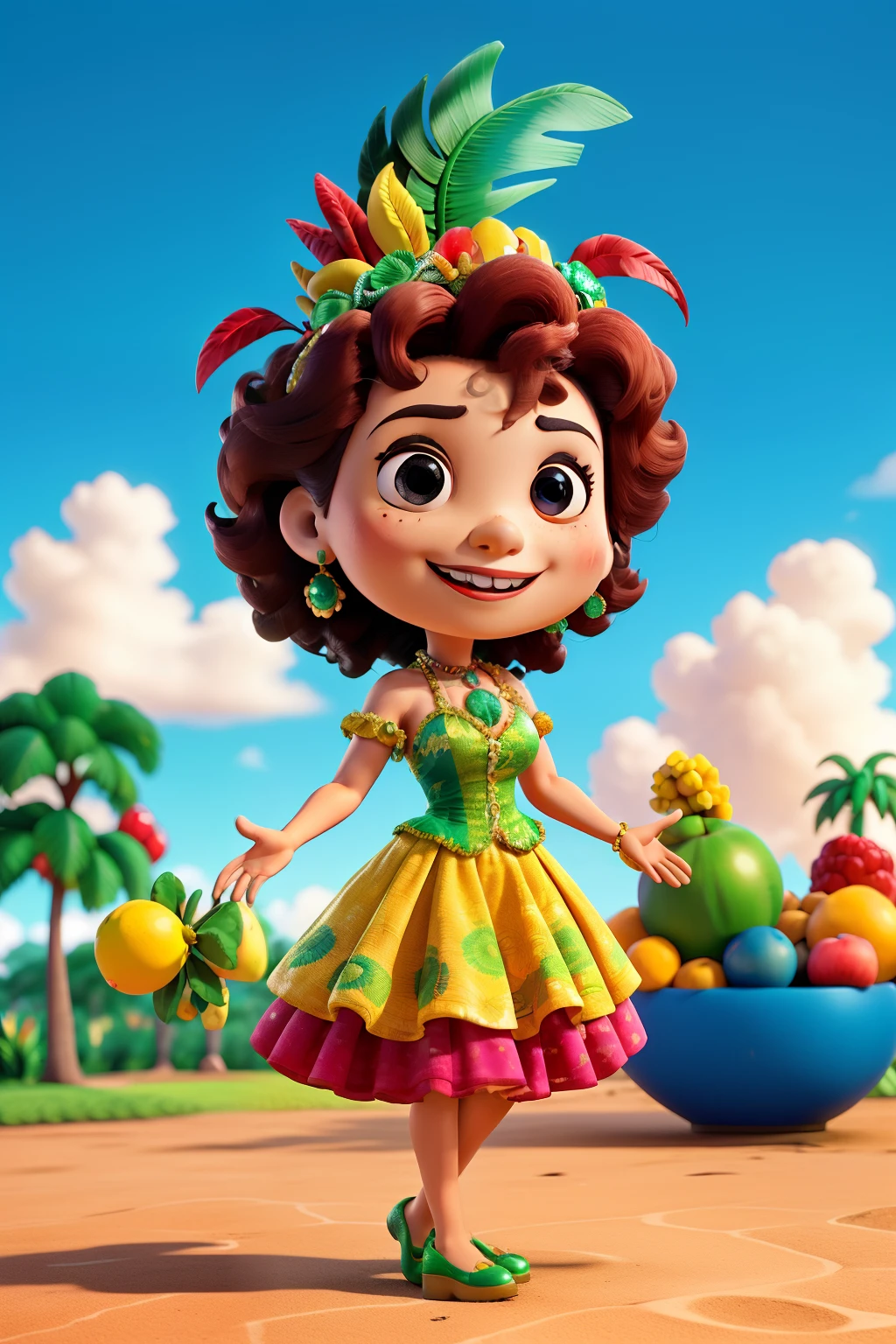 In this captivating image, the iconic 3D Funko Pop figure of Carmen Miranda comes to life against a vividly colored Brazilian flag background. Dressed in her signature fruit-adorned headdress and flamboyant costume, the beloved Brazilian singer and actress exudes charm and charisma with her trademark smile. The high-quality Funko Pop figure, with its intricately detailed design, truly shines amidst the rich, vibrant setting of the Brazilian flag, transporting viewers to the heart of Brazilian culture.