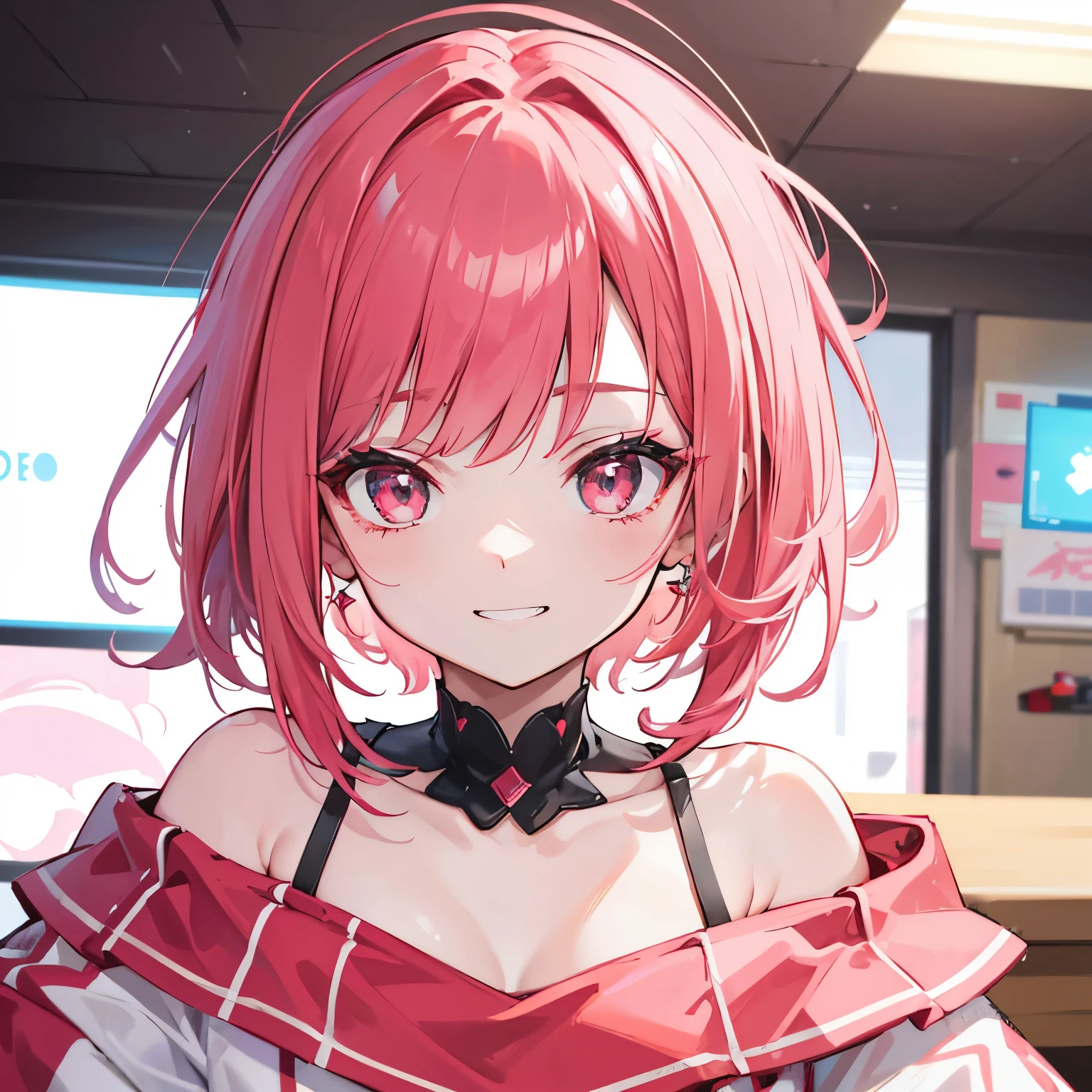 extreme close up face, Short off-shoulder hair in red pink and white,Dignified and wonderful Girl, in a game center, grin