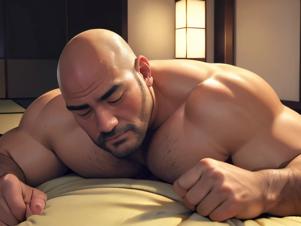 (highest quality:1.5), (masterpiece:1.5), night, luxurious Japanese room, living, 1 man, (Japanese:1.2), bald hair, [short beard:0.9], hot guy, macho, (huge body:1.5), (fat:1.4), 45 years old, (Completely naked:1.2), sleeping on the floor face up, (shoot from front:1.3), erect penis