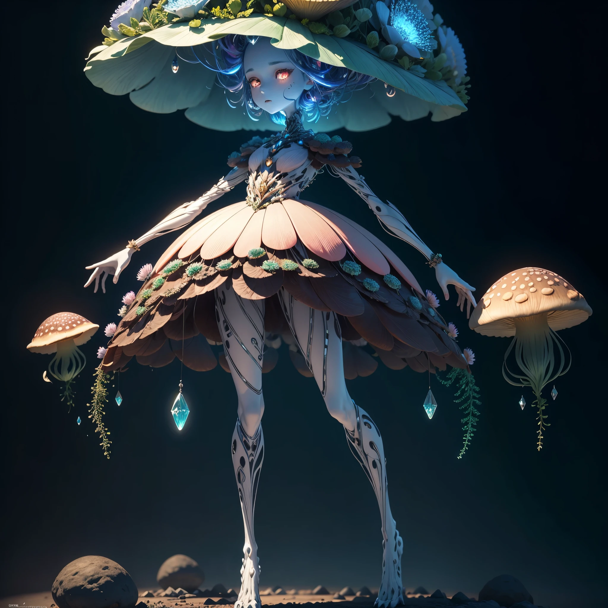 Generate images of creatures with humanoid body structures, But mainly composed of fungal elements. Its head resembles a big head, Dome-shaped crystal spring flower mushroom cap, fanciful, Colorful, Decorated with a luminous speckled pattern. Its arms are long, Flexible tendrils sprout from the shoulders, Able to be as vertical as a human hand. And not legs, It has a single, Thick, The stem is rooted in the ground. Its face is a small cluster, Bioluminescent spheres embedded in the bottom of the lid, Arranged in a way reminiscent of human facial features. photo-realism, ultra - detailed, 4K, A high resolution