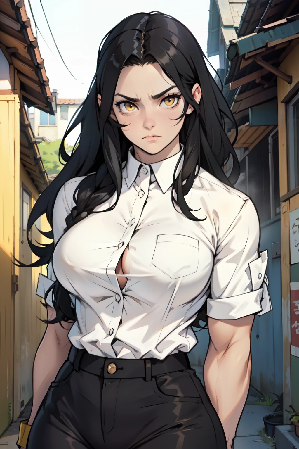 muscular girl breasts thick thick black hair yellow eyes pale skin upset very long hair tight shirt