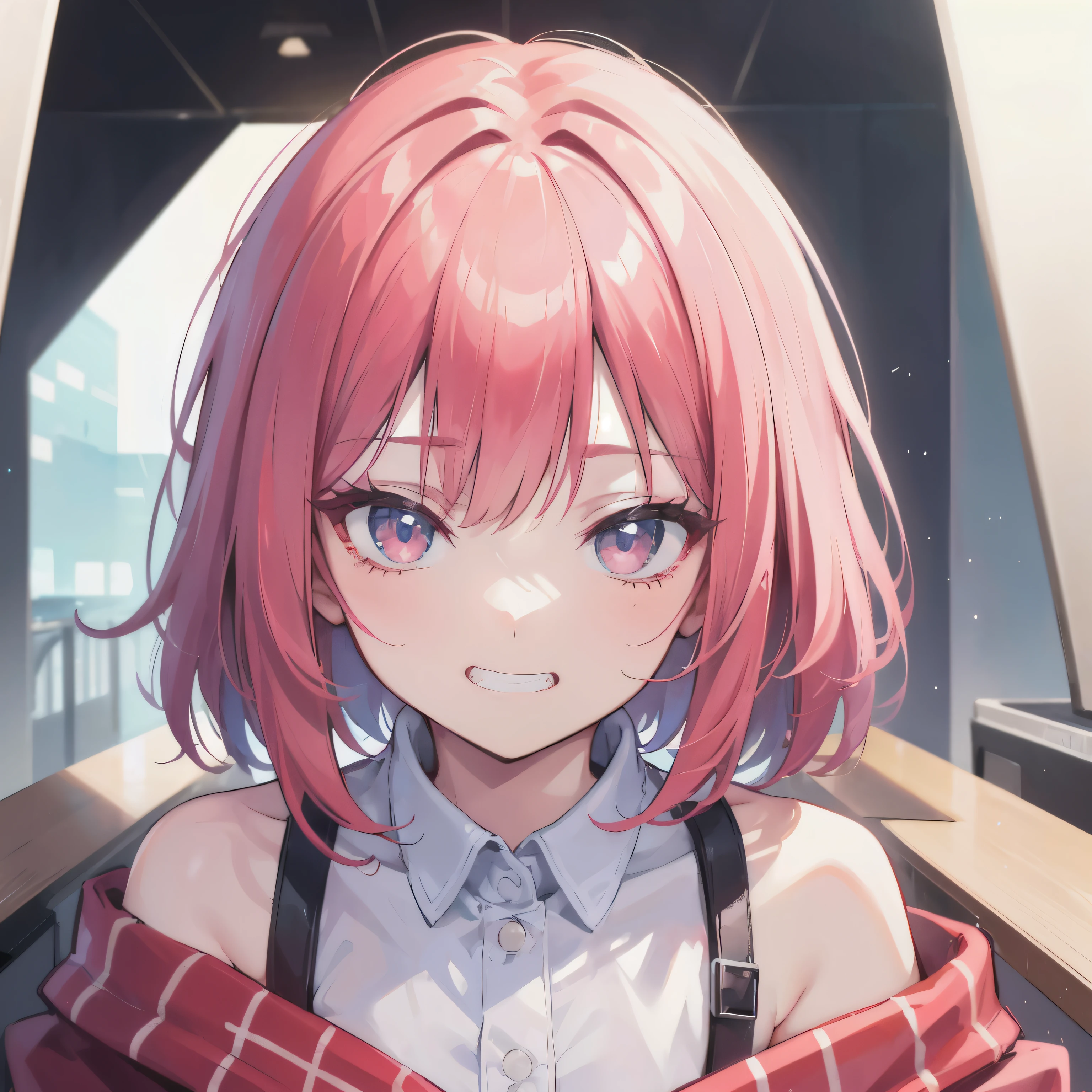 extreme close up, red、pink、white off shoulder short hair,Rin々nice and lovely girl, In the arcade, grin and laugh