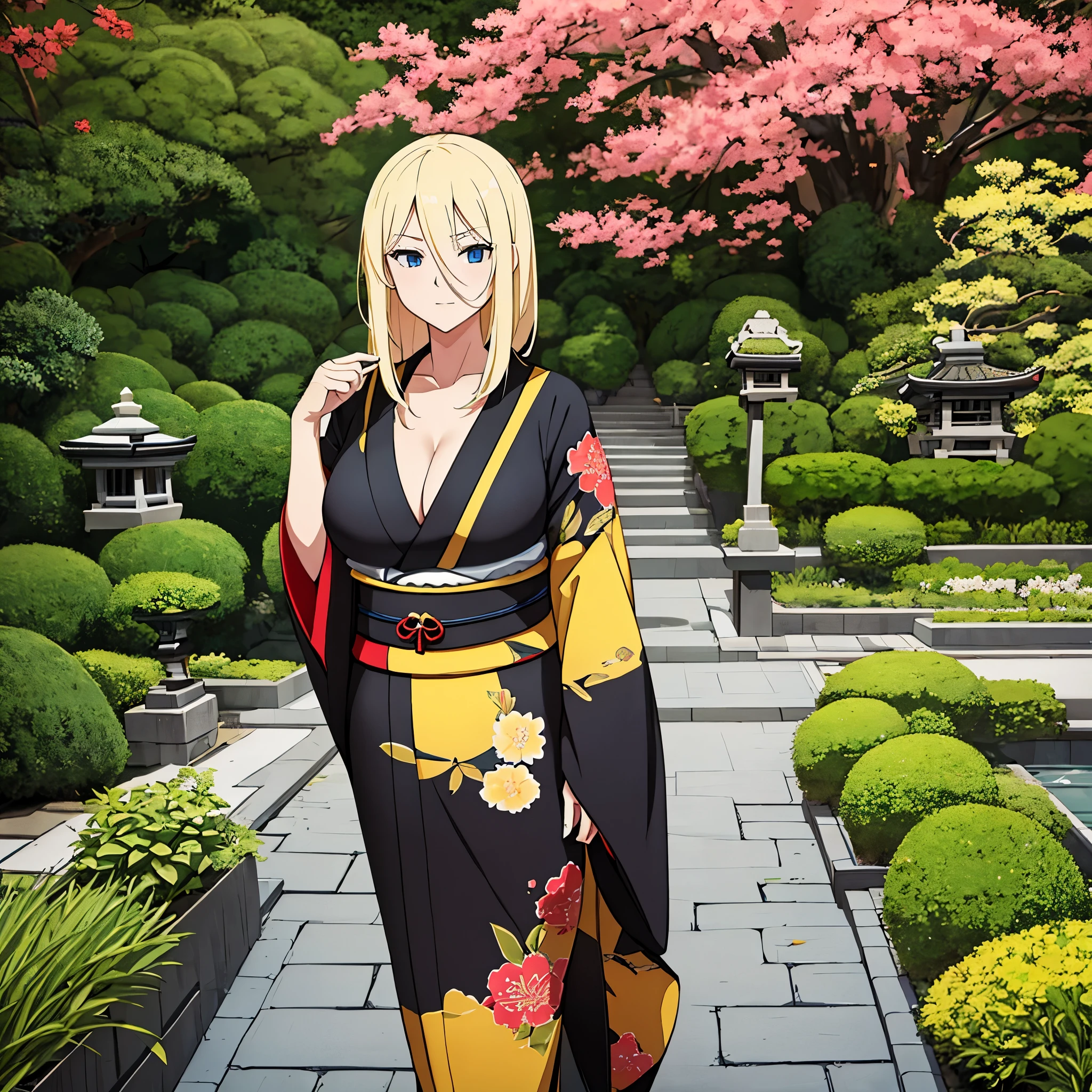 a woman wearing black, yellow and red kimono, blonde hair, faint blue eyes, in a Japanese garden, big breasts