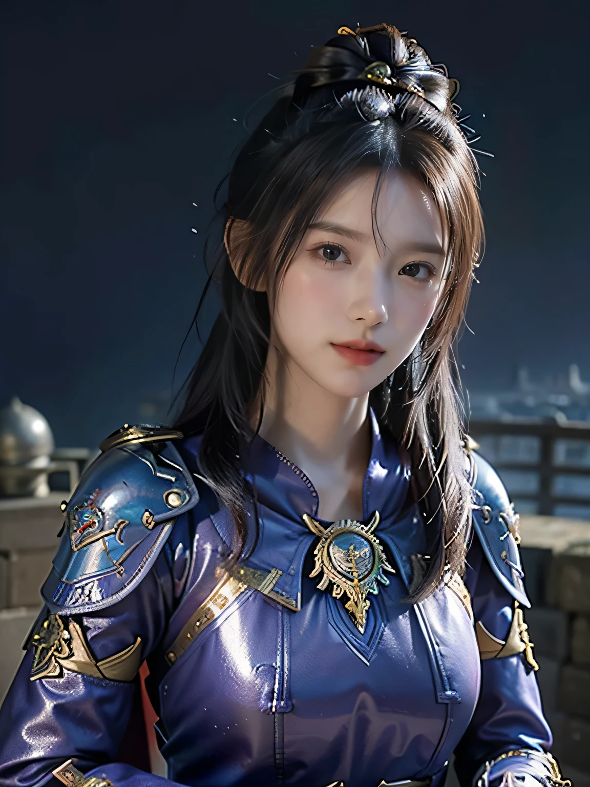 masterpiece，Best quality，A high resolution，8K，Original photo，real photo，Ancient city wall battlefield background,((field：1.8))，digital photography，(Female generals on the battlefield in the Han Dynasty)，(((Beside the battlements of the city wall)))，18-year-old girl，（long ponytail hairstyle)，cparted lips，Full and erect breasts，Noble and charming，Elegant and serious，(Thick blue fish scale armor），Purple cape，((high buns))，The combination of white metal and red leather，Chest covered with gold armor，metallic luster，Leather buckle，Exquisite pattern，mysterious badge，Cool and gorgeouig breasts))，Chest groove，Three Kingdoms character painting style，Photo pose，oc render reflection texture，gloomy weather，charming smile，Head-up shot，