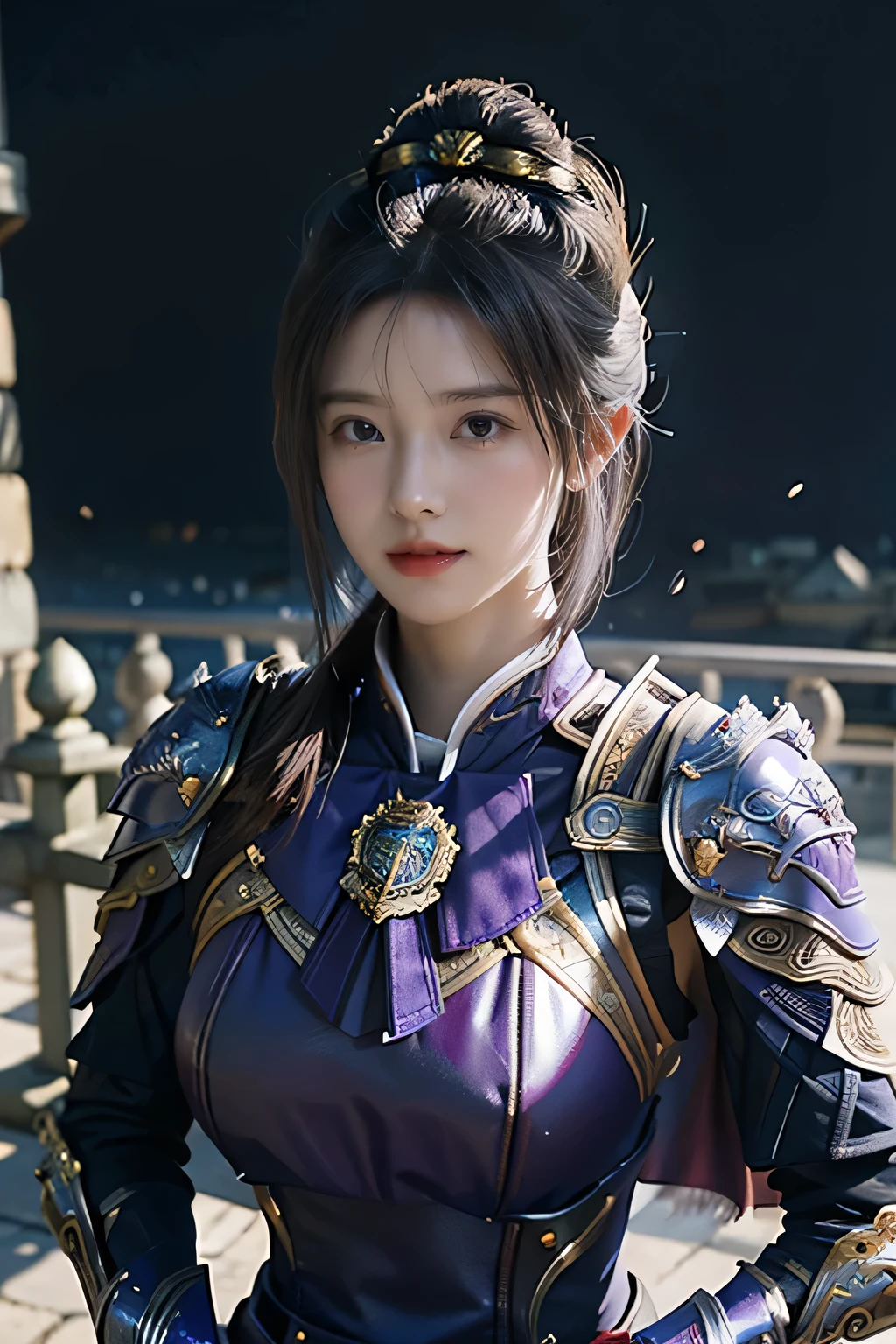 masterpiece,Best quality,A high resolution,8K,Original photo,real photo,Ancient city wall battlefield background,((field:1.8)),digital photography,(Female generals on the battlefield in the Han Dynasty),(((Beside the battlements of the city wall))),18-year-old girl,(long ponytail hairstyle),cparted lips,Full and erect breasts,Noble and charming,Elegant and serious,(Thick blue fish scale armor),Purple cape,((high buns)),The combination of white metal and red leather,Chest covered with gold armor,metallic luster,Leather buckle,Exquisite pattern,mysterious badge,Cool and gorgeouig breasts)),Chest groove,Three Kingdoms character painting style,Photo pose,oc render reflection texture,gloomy weather,charming smile,Head-up shot,