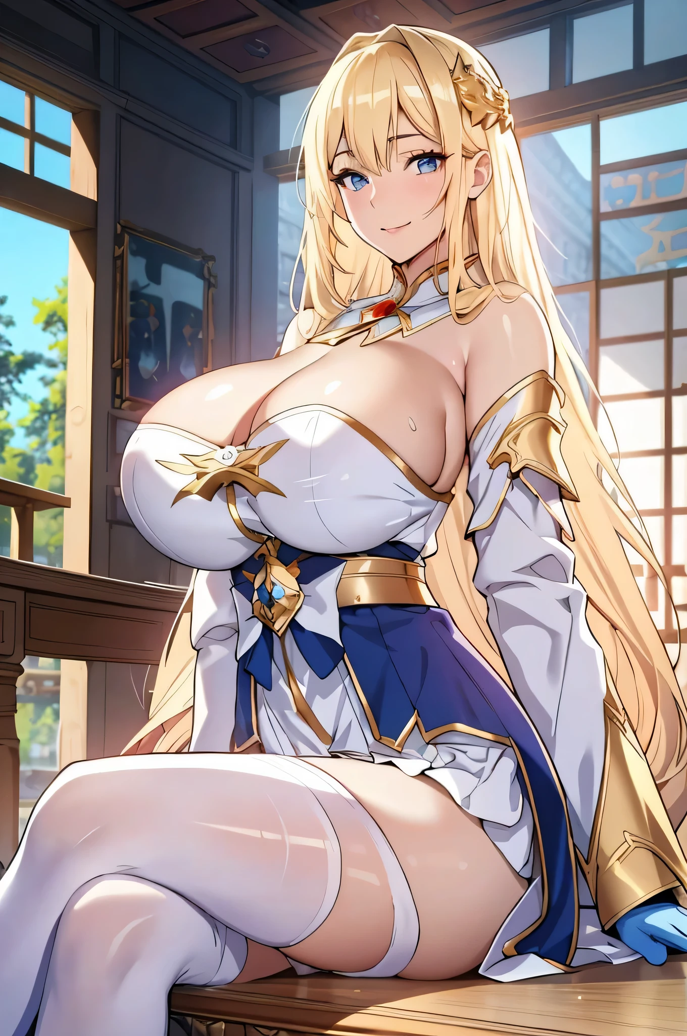 Lian, long blonde hair, hair stick, bangs, blue eyes, solo, smiling, standing, upper body, hips, bare shoulders,purple thighhighs, white dress, gold jewelry,armor,gloves,circlet, cleavage, red and gold royal castle, gigantic breasts, (best quality, masterpiece, beautiful and aesthetic:1.2, highest detailed face, perfect face,) eyes, perfect face,expressive eyes,
looking at viewer, in the center of the image,(Upper_body),(Focus on her face),
official art,extremely detailed CG unity 8k wallpaper, perfect lighting,Colorful, Bright_Front_face_Lighting,shiny skin,
(masterpiece:1.0),(best_quality:1.0), ultra high res,4K,ultra-detailed
