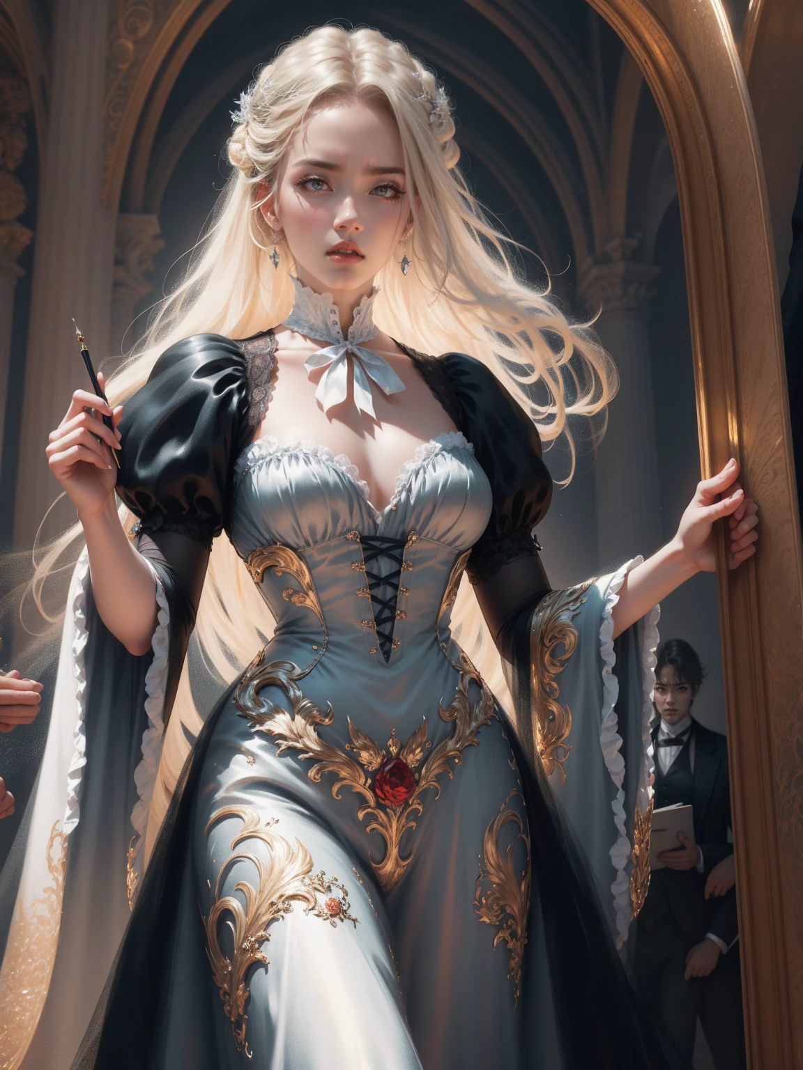 { - anatomy error}(Masterpiece - Ultra-detailed, very high resolution) Prepare to be enchanted by a true masterpiece that combines ultra-detailed art with high-resolution rendering. This work depicts a mesmerizing woman with very long blond hair (1.3) and captivating gray eyes (1.2), emanating an aura of elegance and mystery in Victorian settings. The intricate details and realistic textures invite you to explore every aspect of this enchanting composition. Woman wearing beautiful classic Victorian costume from the year 1878. Red lips. Happy face. Smiling. white dress. Walking, writing, lying down, standing, on your back, dynamic poses. Get ready to dive into a world where beauty and craftsmanship merge perfectly.