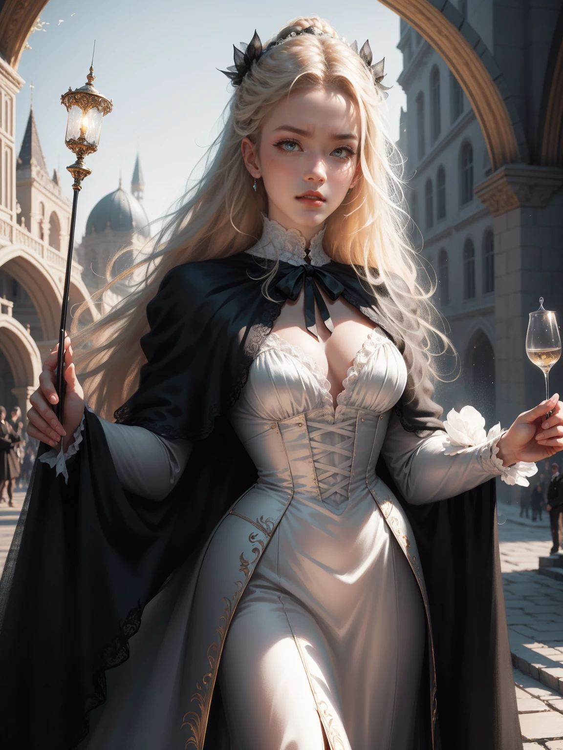 { - anatomy error}(Masterpiece - Ultra-detailed, very high resolution) Prepare to be enchanted by a true masterpiece that combines ultra-detailed art with high-resolution rendering. This work depicts a mesmerizing woman with very long blond hair (1.3) and captivating gray eyes (1.2), emanating an aura of elegance and mystery in Victorian settings. The intricate details and realistic textures invite you to explore every aspect of this enchanting composition. Woman wearing beautiful classic Victorian costume from the year 1878. Red lips. Happy face. Smiling. white dress. Walking, writing, lying down, standing, on your back, dynamic poses. Get ready to dive into a world where beauty and craftsmanship merge perfectly.