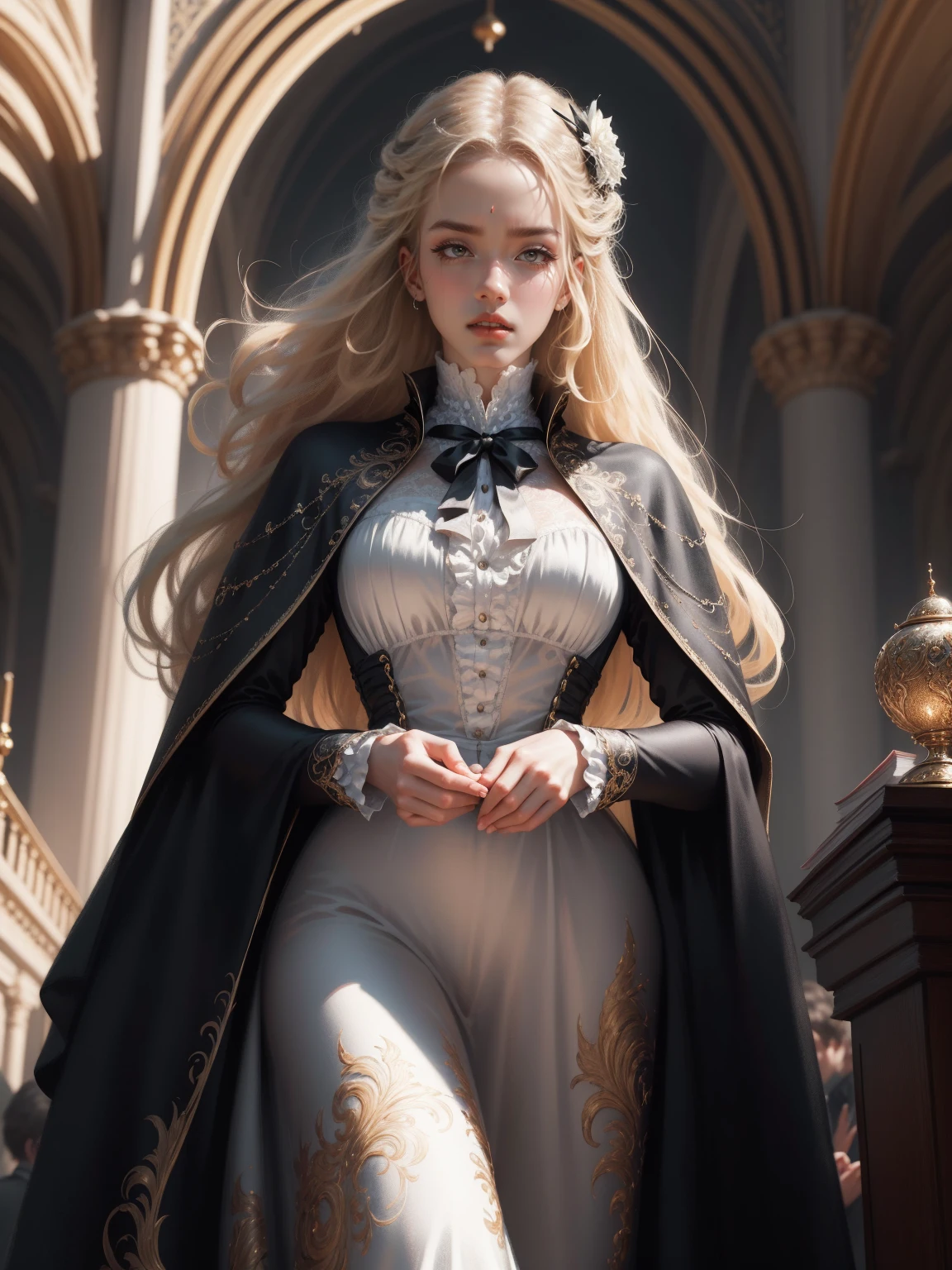 { - anatomy error}(Masterpiece - Ultra-detailed, very high resolution) Prepare to be enchanted by a true masterpiece that combines ultra-detailed art with high-resolution rendering. This work depicts a mesmerizing woman with very long blond hair (1.3) and captivating gray eyes (1.2), emanating an aura of elegance and mystery in Victorian settings. The intricate details and realistic textures invite you to explore every aspect of this enchanting composition. Woman wearing beautiful classic Victorian costume from the year 1878. Red lips. Happy face. Smiling. white dress. Walking, writing, lying down, standing, on your back, dynamic poses. Get ready to dive into a world where beauty and craftsmanship merge perfectly.