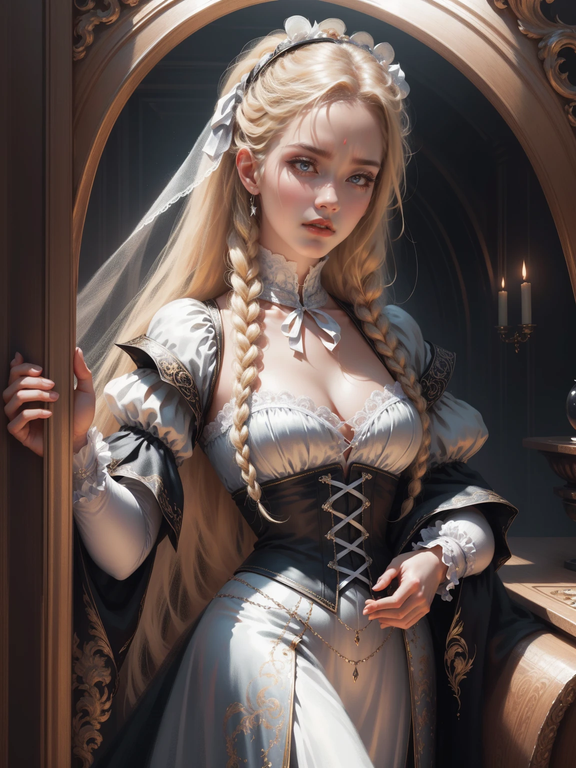 { - anatomy error}(Masterpiece - Ultra-detailed, very high resolution) Prepare to be enchanted by a true masterpiece that combines ultra-detailed art with high-resolution rendering. This work depicts a mesmerizing woman with very long blond hair (1.3) and captivating gray eyes (1.2), emanating an aura of elegance and mystery in Victorian settings. The intricate details and realistic textures invite you to explore every aspect of this enchanting composition. Woman wearing beautiful classic Victorian costume from the year 1878. Red lips. Happy face. Smiling. white (gold) dress. Outside of the castle, backwards, looking back, upper body. dynamic poses. Get ready to dive into a world where beauty and craftsmanship merge perfectly.