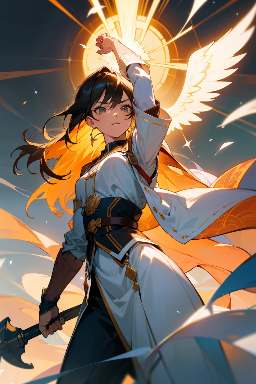I would be happy to help you create a stunning, high-resolution digital artwork of a brave hero, themed around the autumn month of October. The hero will be depicted in a full-length, frontal portrait, proudly showcasing their entire body. The art will echo an anime-inspired style, brimming with intricate details and exquisite lighting. Emphasizing their ethereal, angelic demeanor, the hero will emanate a powerful aura of strength and unyielding determination. The overall tone of the artwork will be grave and intense, encapsulating the very essence of a valiant hero. To ensure the best quality, please find below the specifications for