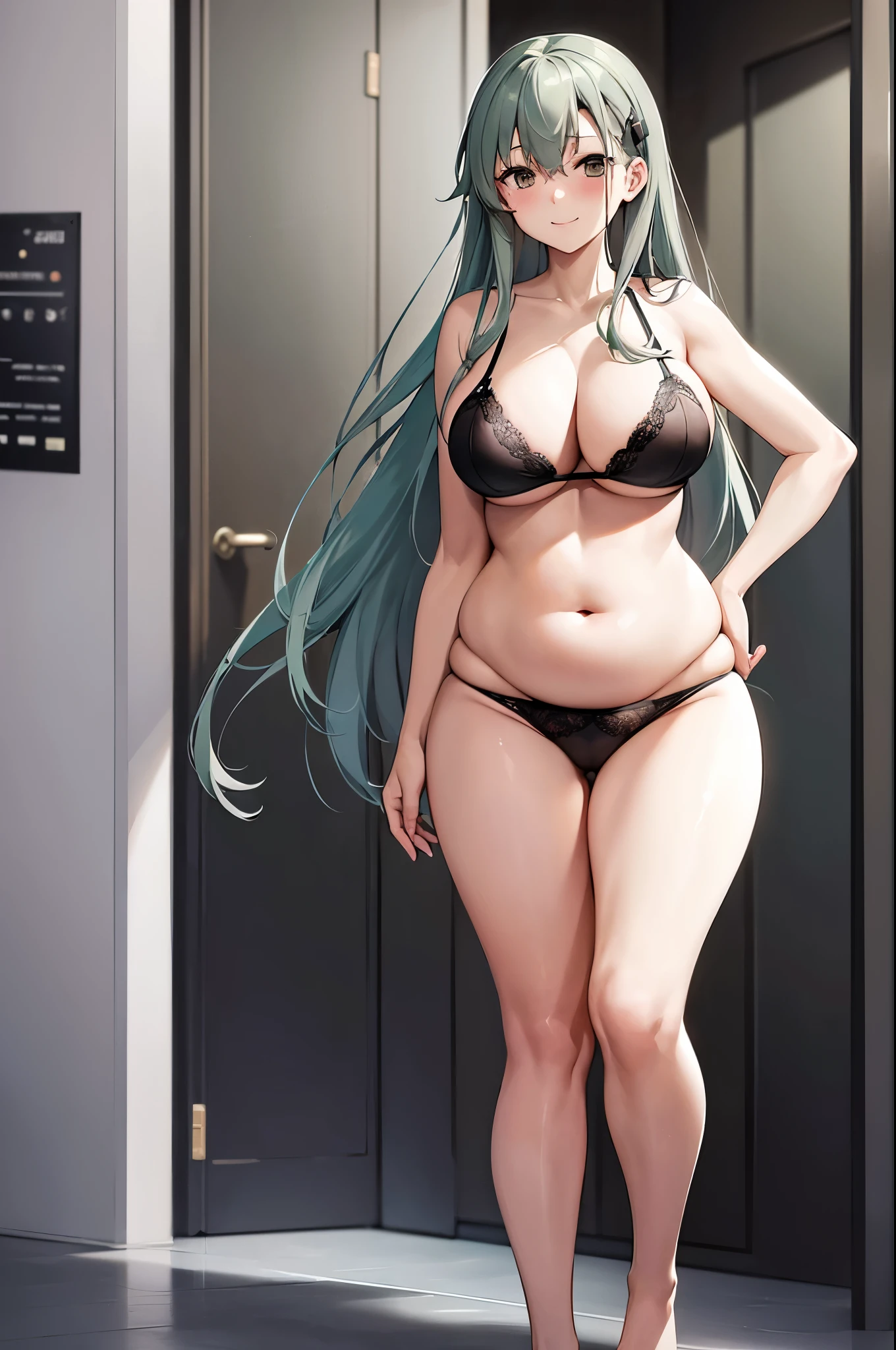 masterpiece,high resolution、((Kantai Collection Suzuya))、high school girl、woman in her 20s、Elegant beauty、big breasts、white skin、black underwear、black bra、NSFW、plump thighs and stomach、standing backwards、bewitching smile
