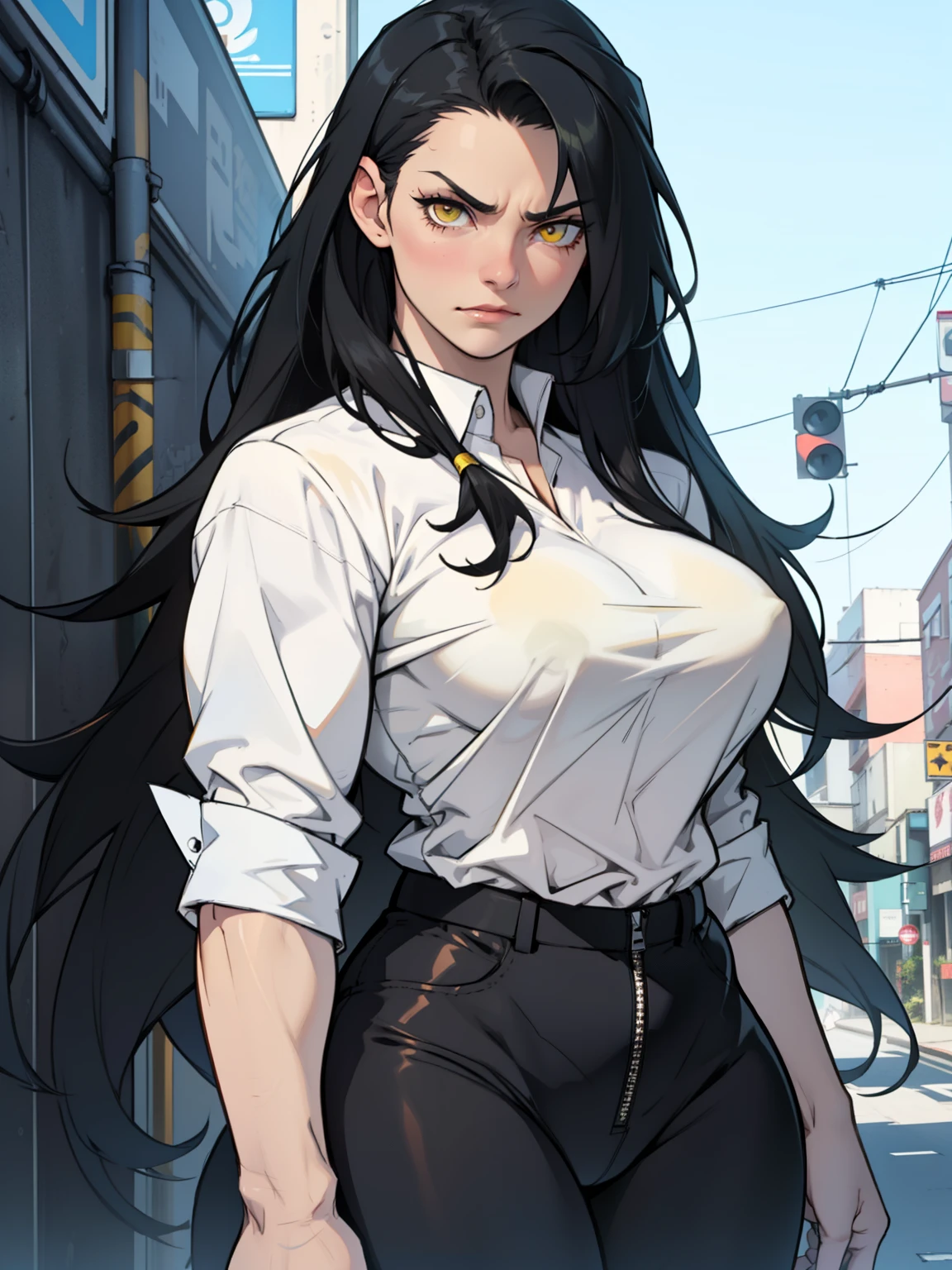 muscular girl breasts thick thick thick black hair yellow eyes pale skin upset very long hair tight shirt