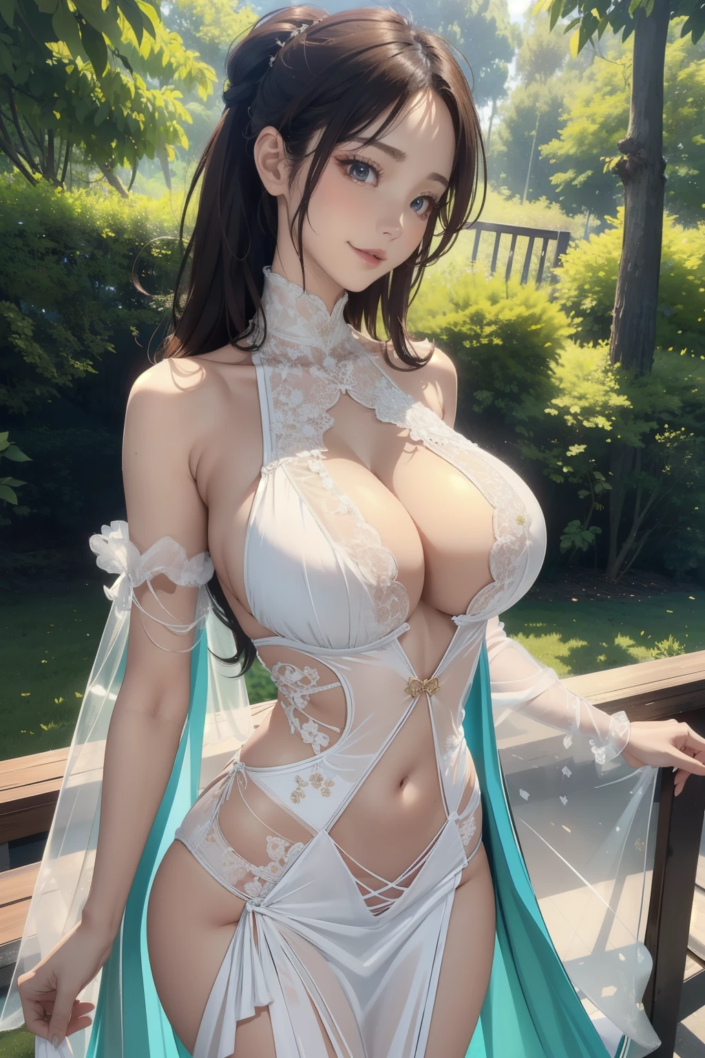 (masterpiece:1.2, highest quality), back view、realistic, (real picture, intricate details, high neck clothing), parted lips, very detailed, perfect face, perfect body, large model,forest background、woman with transparent nipples、expensive、long legs、Separate the upper and lower costumes、brightly colored pictures、Clothes with a wide open chest、露出度のexpensive衣装、Clothing that exposes the navel、Dress up only the upper body、random hairstyle、big breasts、transparent lace costume、embellished costume、Clothing that exposes the navel、back view