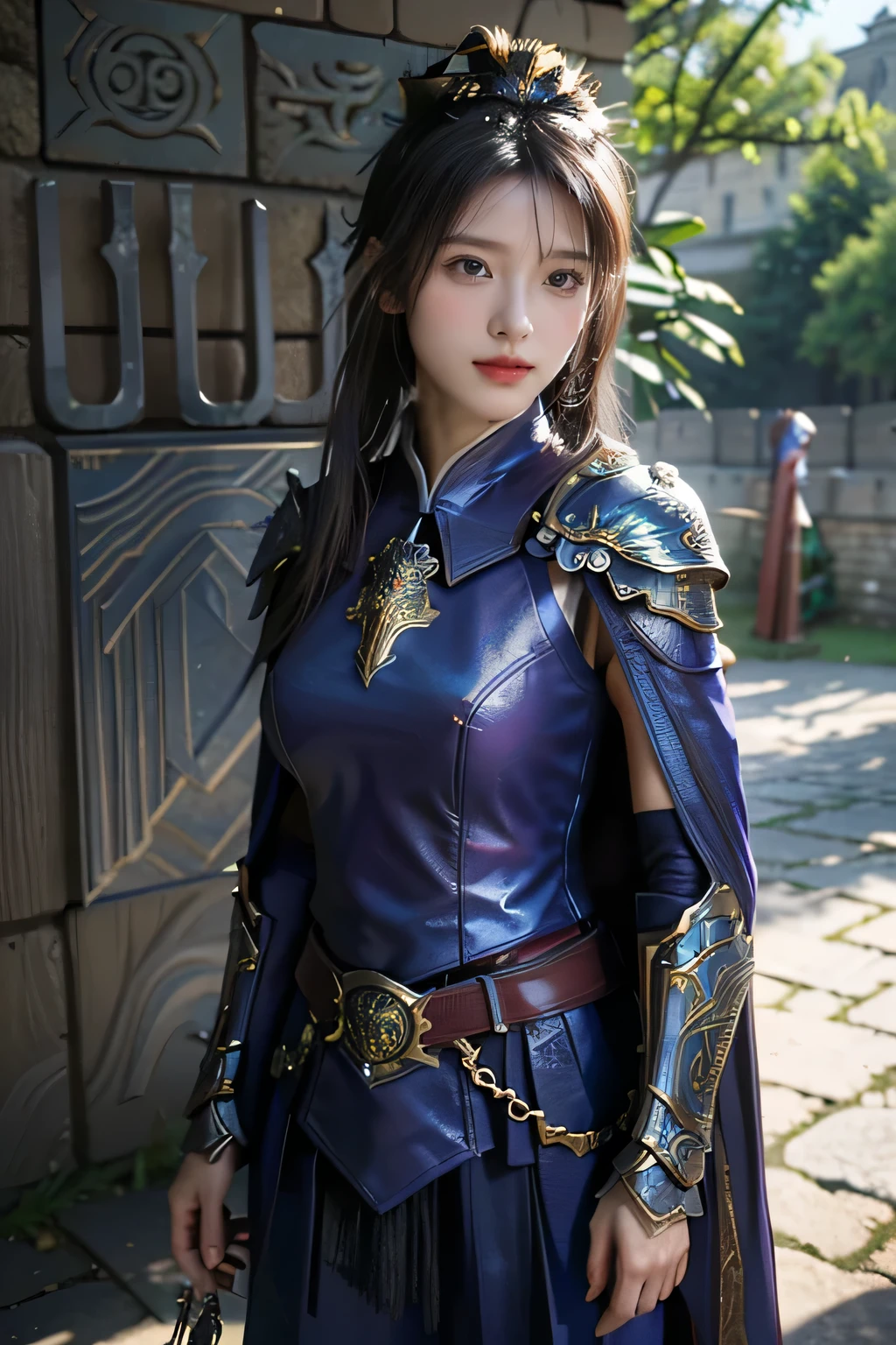 masterpiece,Best quality,A high resolution,8K,Original photo,real photo,Ancient city wall battlefield background,((field:1.8)),digital photography,(Female generals on the battlefield in the Han Dynasty),(((Standing beside the crenellations of the city wall))),18-year-old girl,(long ponytail hairstyle),cparted lips,Full and erect breasts,Noble and charming,Elegant and serious,(Thick blue fish scale armor),Purple cape,((high buns)),The combination of white metal and red leather,Chest covered with gold armor,metallic luster,Leather buckle,Exquisite pattern,mysterious badge,Cool and gorgeouig breasts)),Chest groove,Three Kingdoms character painting style,Photo pose,oc render reflection texture,gloomy weather,charming smile,Head-up shot,