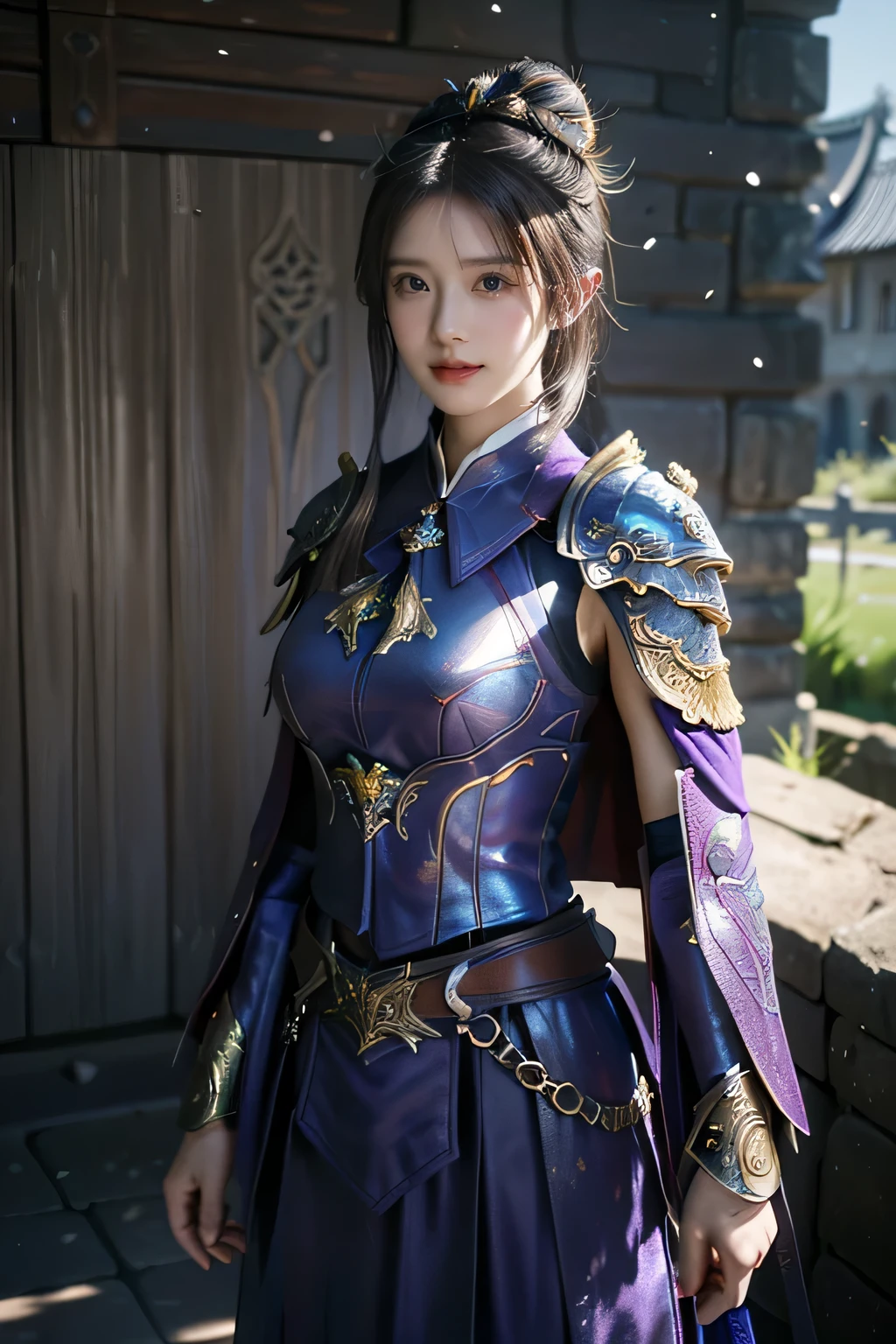 masterpiece,Best quality,A high resolution,8K,Original photo,real photo,Ancient city wall battlefield background,((field:1.8)),digital photography,(Female generals on the battlefield in the Han Dynasty),(((Standing at the crenellations of the city wall))),18-year-old girl,(long ponytail hairstyle),cparted lips,Full and erect breasts,Noble and charming,Elegant and serious,(Thick blue fish scale armor),Purple cape,((high buns)),The combination of white metal and red leather,Chest covered with gold armor,metallic luster,Leather buckle,Exquisite pattern,mysterious badge,Cool and gorgeouig breasts)),Chest groove,Three Kingdoms character painting style,Photo pose,oc render reflection texture,gloomy weather,charming smile,Head-up shot,