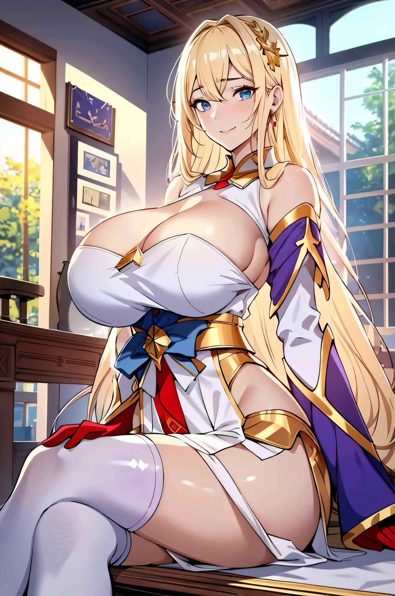 Lian, long blonde hair, hair stick, bangs, blue eyes, solo, smiling, standing, upper body, hips, bare shoulders,purple thighhighs, white dress, gold jewelry,armor,gloves,circlet, cleavage, red and gold royal castle, gigantic breasts, (best quality, masterpiece, beautiful and aesthetic:1.2, highest detailed face, perfect face,) eyes, perfect face,expressive eyes,
looking at viewer, in the center of the image,(Upper_body),(Focus on her face),
official art,extremely detailed CG unity 8k wallpaper, perfect lighting,Colorful, Bright_Front_face_Lighting,shiny skin,
(masterpiece:1.0),(best_quality:1.0), ultra high res,4K,ultra-detailed