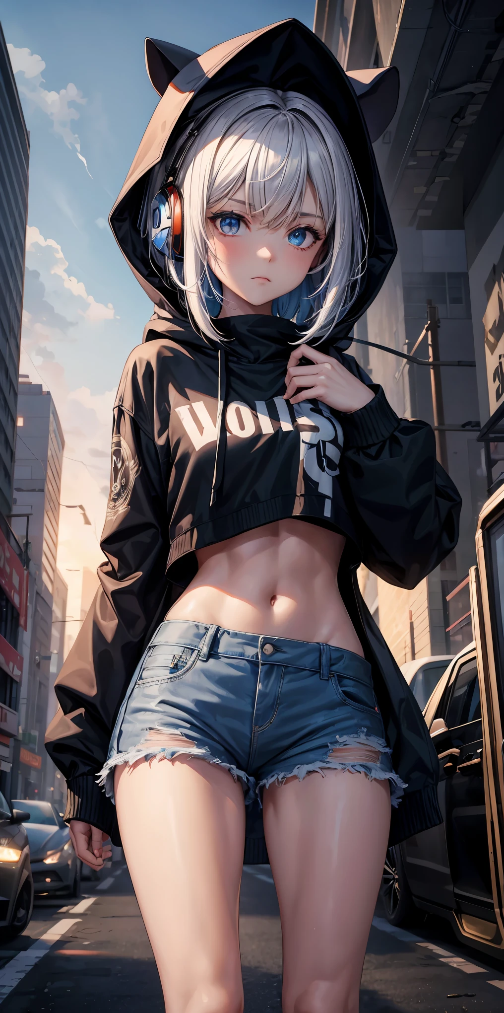 masterpiece:1.2, high quality, best quality, detailed_background,Dimly lit sky,outdoors,Ruined towns,highres,Broken Cars,Broken Buildings,hoodie,off shoulder Parka,shorts,white t-shirt,wide sleeves,black loose parka,Upper body,headphones around neck,Glaring,blue eyes,Long hair,white hair, blue colored inner hair,bob cut,short bangs,disheveled hair,hood up,midriff,navel,crossed arms,standing,See Zombies,hand between legs,1 girl,bare legs,sad,thighs,upset,leaning forward,cowboy shot 
