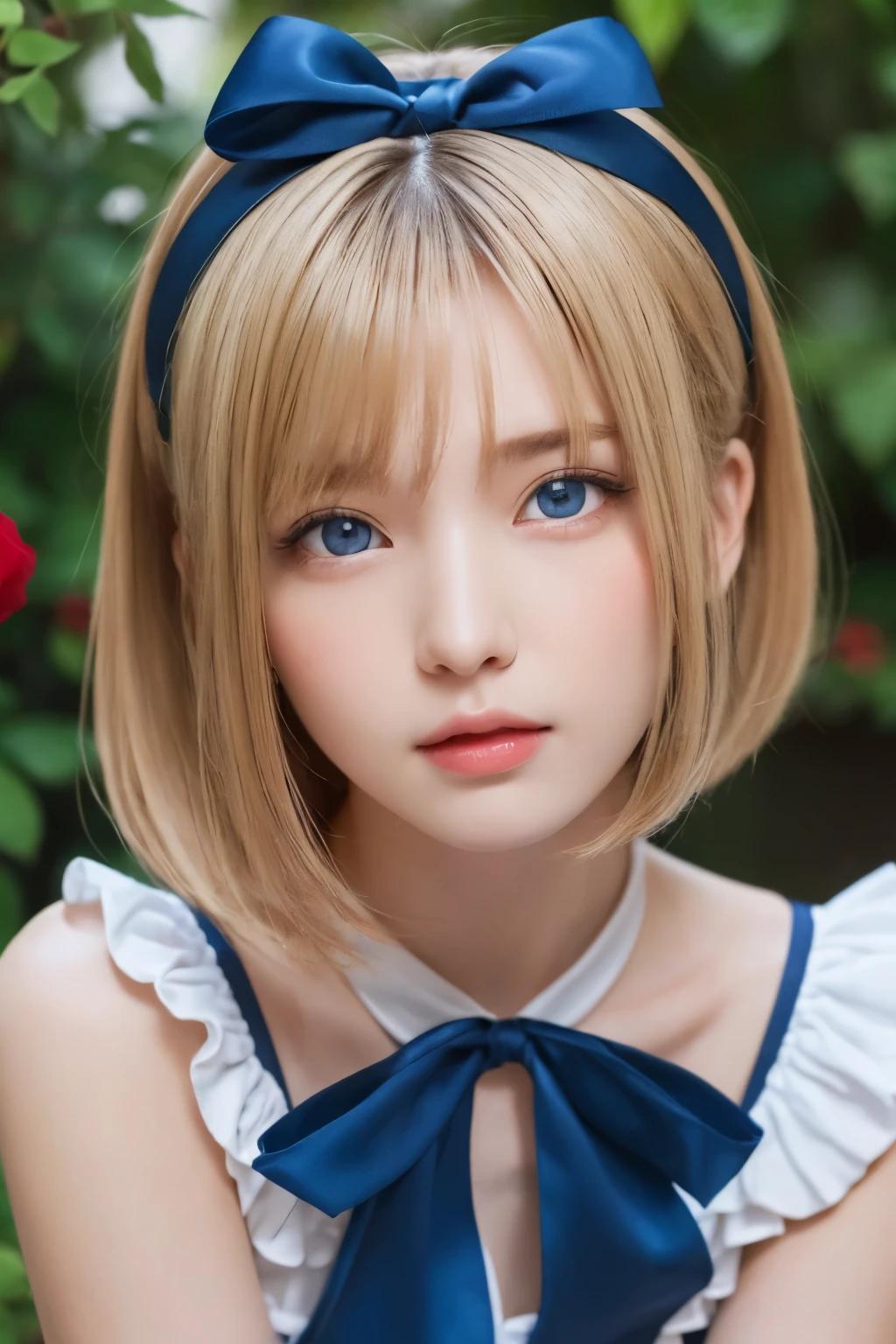 one girl, (a beauty girl, delicate girl:1.3), (:1.3),
break, (blue and  white ruffle dress:1.3), (big hair ribbon:1.3),
break, very fine eyes, (symmetrical eyes:1.3),
break, (flower park, lots of roses:1.3), perfectly trimmed fingers,
break, small breasts, (blue eyes:1.3), parted bangs, (blond hair:1.3), (upper teeth, best smile:0.6),
break, (eyes and faces with detailed:1.0),
break, (masterpiece, best quality, ultra detailed, detailed face, 8k)