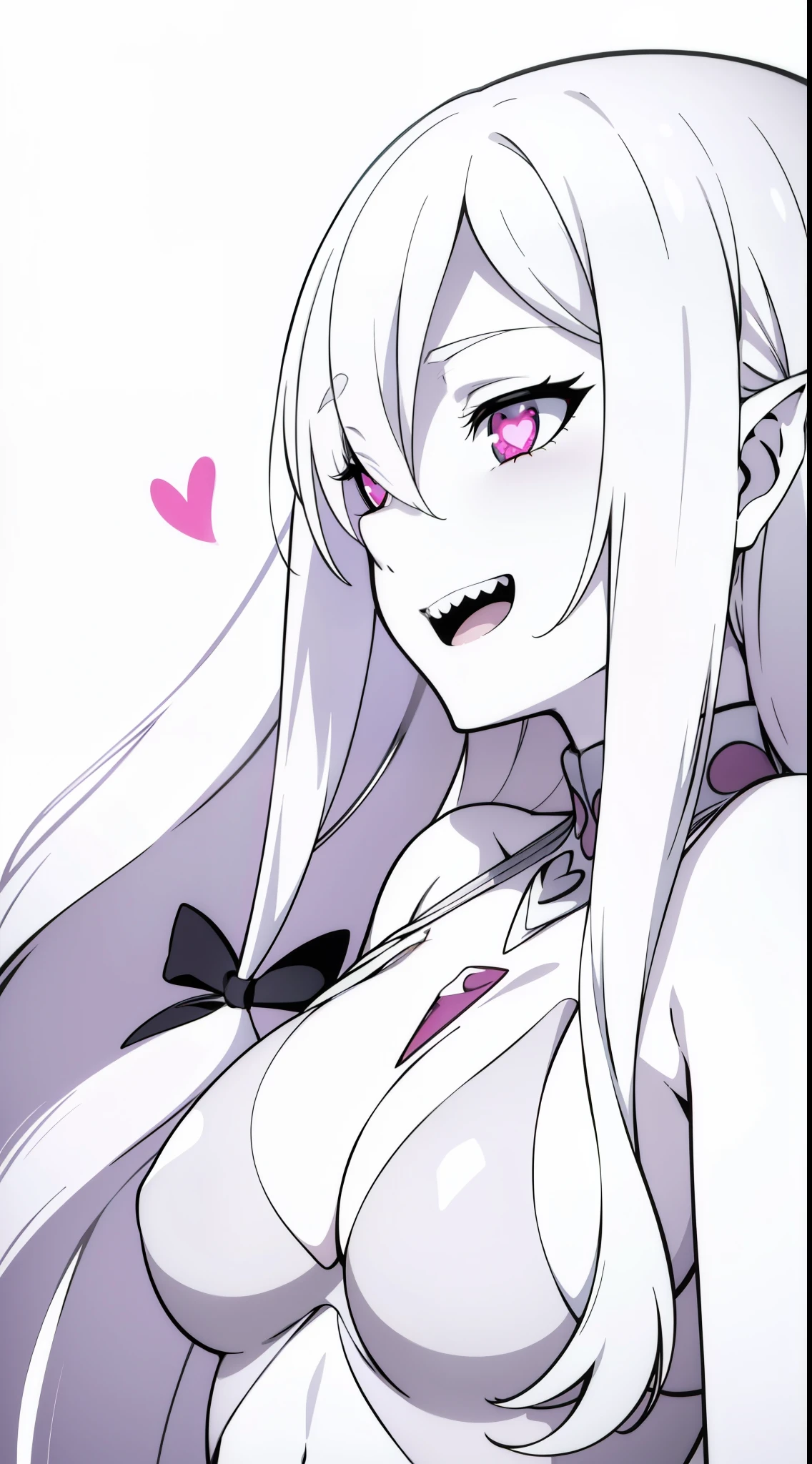 (1 girl,20s,mature female),long hair,solo,white hair,long hair,((hair over one eye)),(((white skin,pale skin,colored skin))),naked,elf ear,sharp teeth,((yandere,grin,crazy)),open mouth,pink eyes,grin,(white background),profile,portrait,in love,full-face blush,heart-shaped pupils,angry,smile