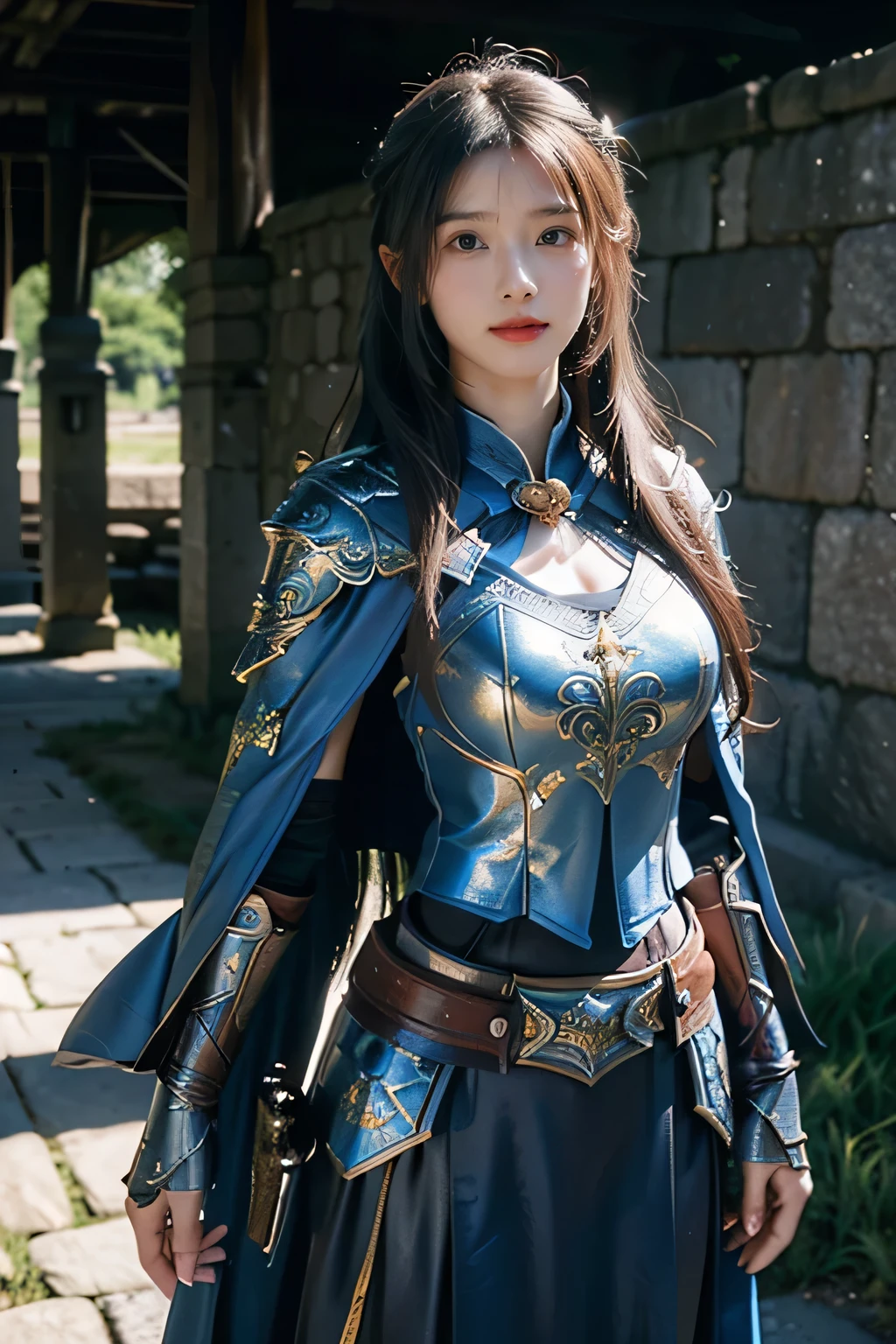 masterpiece,Best quality,A high resolution,8K,Original photo,real photo,Ancient city wall battlefield background,((field:1.8)),digital photography,(Female generals on the battlefield in the Han Dynasty),(((Standing at the crenellations of the city wall))),18-year-old girl,(long ponytail hairstyle),cparted lips,Full and erect breasts,Noble and charming,Elegant and serious,(Thick blue fish scale armor),Long blue cape,((Bundle hair)),The combination of white metal and red leather,Chest covered with gold armor,metallic luster,Leather buckle,Exquisite pattern,mysterious badge,Cool and gorgeouig breasts)),Chest groove,Three Kingdoms character painting style,Photo pose,oc render reflection texture,gloomy weather,charming smile,Head-up shot,