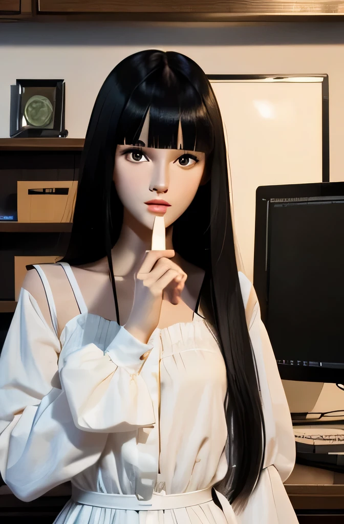 1 full body mannequin,That mannequin is a high school girl.,That mannequin is 44 years old.,mannequin color'The face is pure white.,mannequin color'The body is pure white.,The mannequin has an elongated face.,The mannequin has black hair(very flat straight hair,bangannequin is long, thin face.,The mannequin is in front of the computer,the mannequin is wearing a dress,The mannequin holds a sausage with both hands in front of his face.