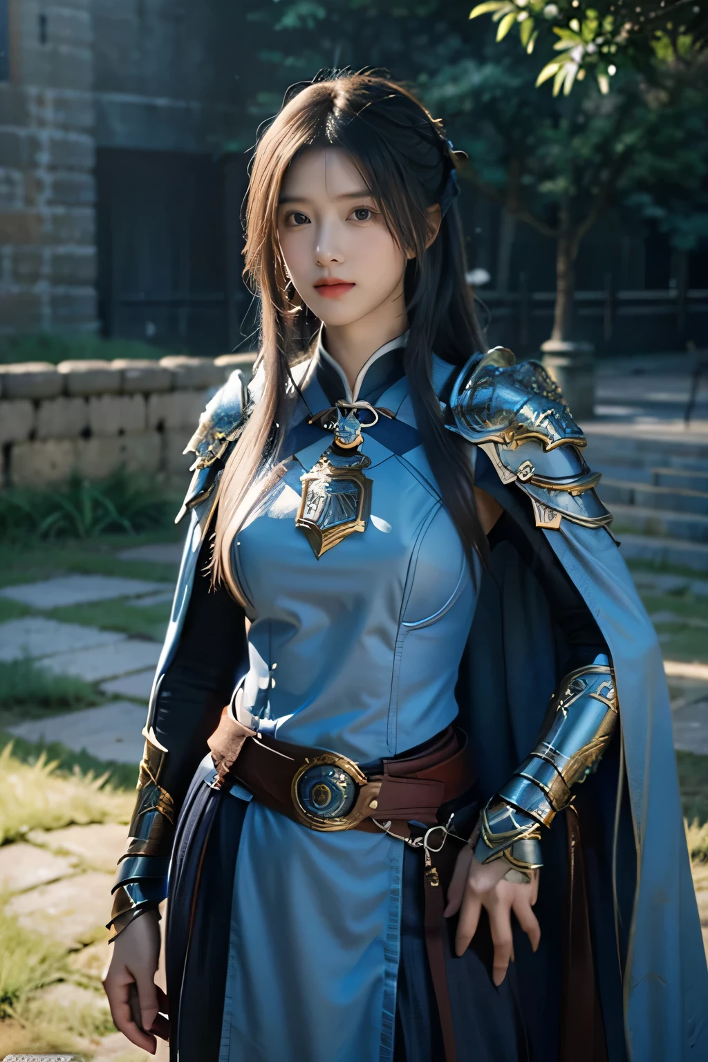 masterpiece,Best quality,A high resolution,8K,Original photo,real photo,Ancient city wall battlefield background,((field:1.8)),digital photography,(Female generals on the battlefield in the Han Dynasty),(((Standing at the crenellations of the city wall))),18-year-old girl,(long ponytail hairstyle),cparted lips,Full and erect breasts,Noble and charming,Elegant and serious,(Thick blue fish scale armor),Long blue cape,((Bundle hair)),The combination of white metal and red leather,Chest covered with gold armor,metallic luster,Leather buckle,Exquisite pattern,mysterious badge,Cool and gorgeouig breasts)),Chest groove,Three Kingdoms character painting style,Photo pose,oc render reflection texture,gloomy weather,charming smile,Head-up shot,