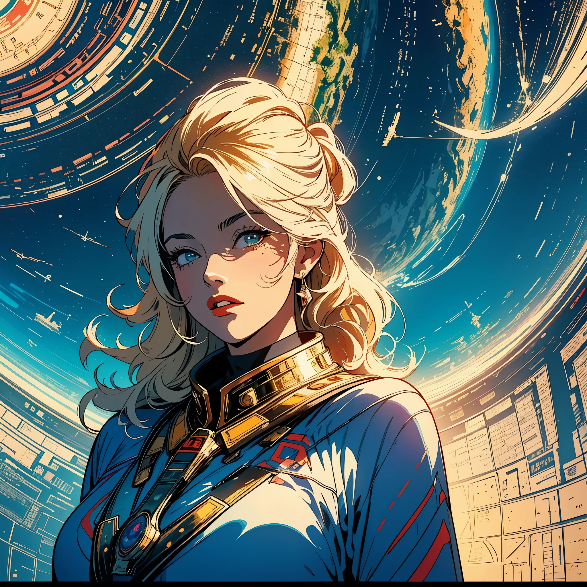 (masterpiece, highest quality), 32k,(A very detailed beautiful woman), poster,science fiction,1960s,1970s,bauhaus, shape, OK, abstract, propaganda,movie poster, vintage,retro,futuristic,anime,ultimate map,Perfect rainbow,highlight,angle from below,golden hair,