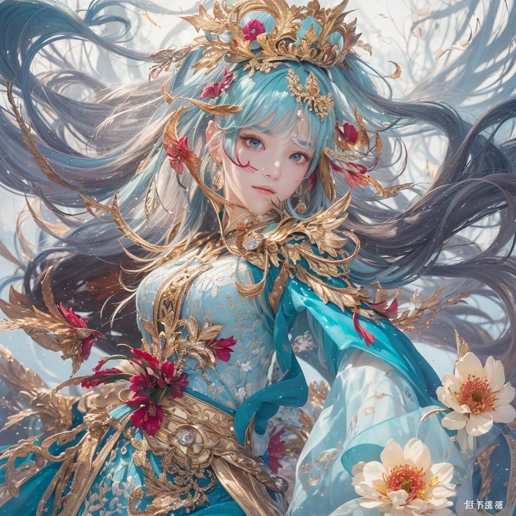 鹅黄 blue colors，enamel，agate，A flesh-colored world，Blood Blue Maiden 32k（masterpiece，HD，Aoyama Pond，Ultra high quality，32k）long flowing bright blue hair，blood pool，Ziddink， a color，Grumpy （After greeting）， （Linen scarf）， fighting stance， looking at the ground， long 鹅黄 hair， Floating bright blue， Fire cloud gold headdress， Chinese long-sleeved gold silk burgundy garment， （Abstract metaverse splash：1.2）， White background，Peony flower vitality protector（realistically：1.4），bright purple hair，Smoke on the road，The background is very pure， high resolution， detail， RAW photos， Sharp Re， Nikon D850 film photo by Jefferies Lee 4 Kodak Portra 400 camera F1.6 guns, colorful, Ultra-realistic and vivid textures, dramatic lighting, Unreal Engine Art Station Trend, Sinest 800，一个有着long flowing bright blue hair的女孩，Huge colorful bubbles鹅黄
