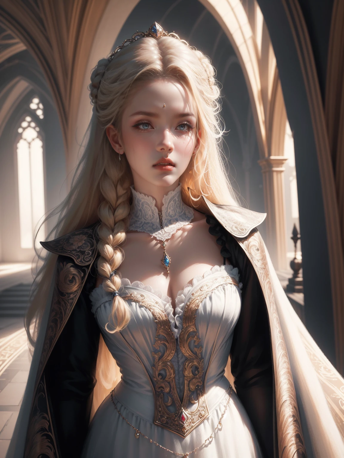 { - anatomy error}(Masterpiece - Ultra-detailed, very high resolution) Prepare to be enchanted by a true masterpiece that combines ultra-detailed art with high-resolution rendering. This work depicts a mesmerizing woman with very long blond hair (1.3) and captivating gray eyes (1.2), emanating an aura of elegance and mystery in Victorian settings. The intricate details and realistic textures invite you to explore every aspect of this enchanting composition. Woman wearing beautiful classic Victorian costume from the year 1878. Red lips. Happy face. Smiling. white dress. Walking, writing, lying down, standing, on your back, dynamic poses. Get ready to dive into a world where beauty and craftsmanship merge perfectly.